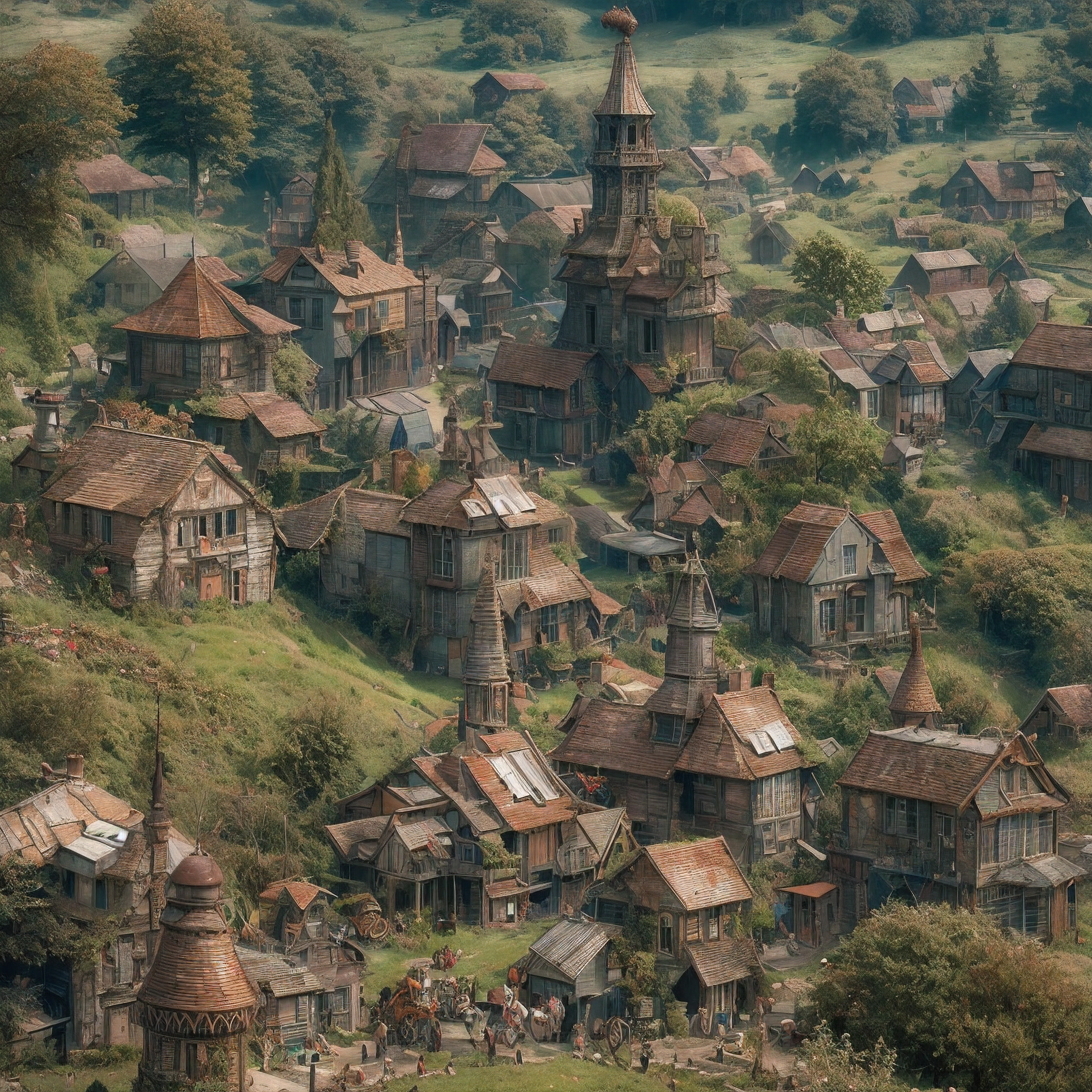 I stand upon the gently sloping hillside, overlooking the ancient steampunk fantasy village nestled below. A light breeze rustles through the emerald grass as I gaze down at the charming relic of ages past.
From my vantage point, I can see the entire valley laid out before me. Crumbling cobblestone streets wind their way between ornately-designed buildings topped with aged copper roofs turned green by time. Ancient clock towers stand sentinel over the town, their weathered spires stretching high into the azure sky. Plumes of white steam wheeze from antiquated machinery hidden amongst the buildings, drifting lazily upward before dissipating.
The faint sound of grinding gears and hissing pistons reaches my ears, the ancient mechanizations underpinning the rhythmic clopping of rusted iron horses pulling deteriorating carriages down the lanes. As I listen closer, I can barely make out the whispers of spirits from the past mingling with echoes of laughter and music reverberating up from the taverns.
My eyes follow the path of an elegant airship gliding silently over the valley, its corroded propellers creaking in the breeze. Far in the distance, herds of metal sheep covered in verdigris wander through vibrant green fields bordering the village. It's like something from the ancient past, a forgotten steam-powered settlement nestled between the rolling emerald hills. I feel as if I am observing a relic of imagination and magic, a weary steampunk village worn by the passage of eons.
