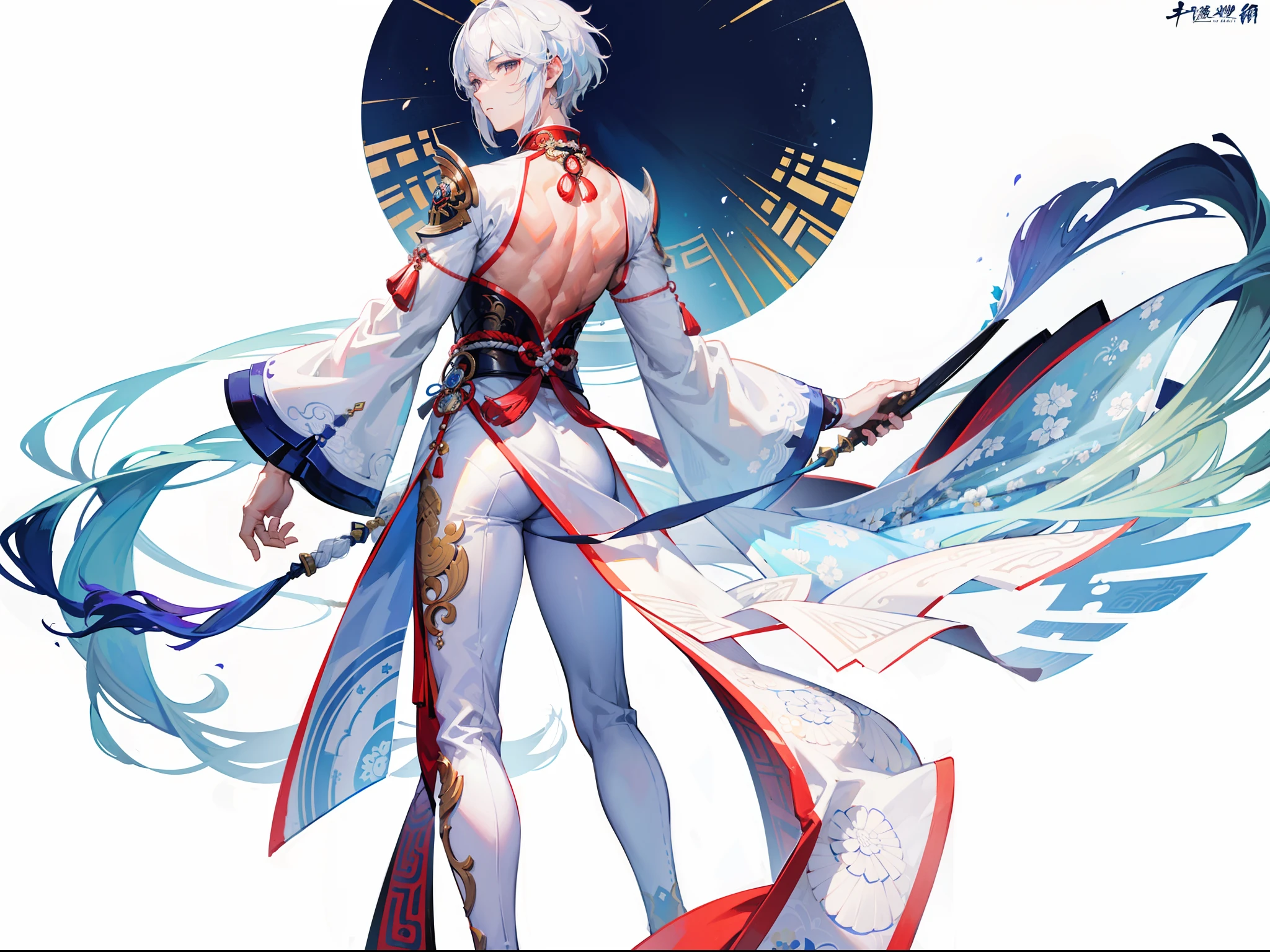 ((Masterpiece, Highest quality)), Detailed face, character design sheet， full bodyesbian, Full of details, frontal body view, back body view, Highly detailed, Depth, Many parts, Muscle boy with white hair，handsome man, Traditional chinese clothes, Genshin Impact, man tall