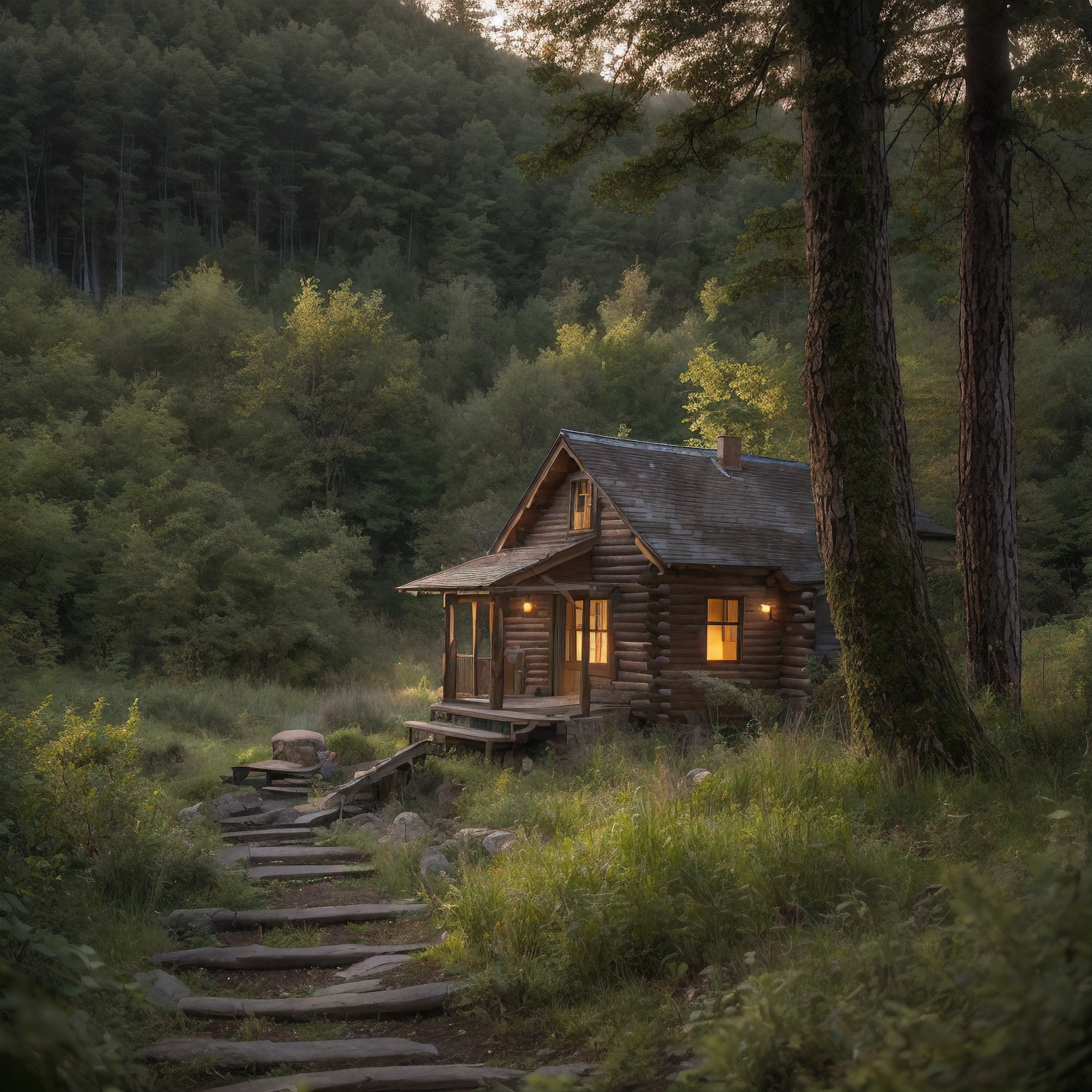 As the light began to fade, an old log cabin was spotted in a small clearing ahead. The cabin's roof shimmered in the fading sunlight. The log cabin was located near a quaint steampunk village, nestled within the rugged wilderness.
Upon approaching the cabin, one could sit on the bottom porch steps, resting their hands on their knees. From this vantage point, a peaceful scene could be taken in as the day came to an end. The natural beauty of the surroundings evoked a sense of calm.
The steampunk village provided a glimpse into an imaginative world, with its unique architecture and retro-futuristic technology. Though small and remote, it was a hub of innovation and creativity.
Beyond the village lay dense forests and rolling hills. The raw, rugged wilderness possessed a spirituality and timeless quality. The changing seasons transformed the landscape in dramatic ways.
As the last light of day faded, the porch of the cabin offered a place of respite and reflection, overlooking the village and natural world beyond. It was a serene spot to connect with nature and find inner peace as darkness slowly descended.