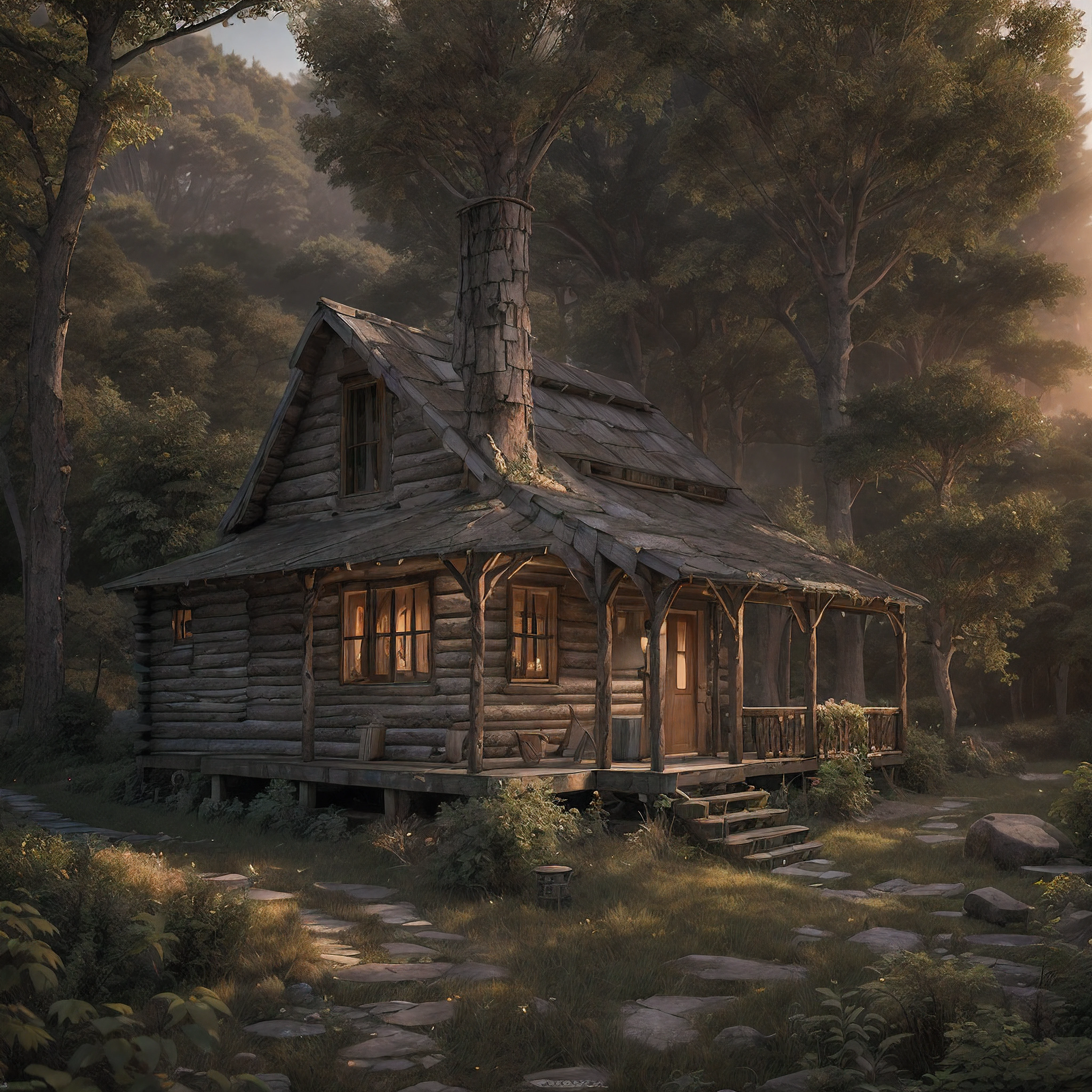 As the light began to fade, an old log cabin was spotted in a small clearing ahead. The cabin's roof shimmered in the fading sunlight. The log cabin was located near a quaint steampunk village, nestled within the rugged wilderness.
Upon approaching the cabin, one could sit on the bottom porch steps, resting their hands on their knees. From this vantage point, a peaceful scene could be taken in as the day came to an end. The natural beauty of the surroundings evoked a sense of calm.
The steampunk village provided a glimpse into an imaginative world, with its unique architecture and retro-futuristic technology. Though small and remote, it was a hub of innovation and creativity.
Beyond the village lay dense forests and rolling hills. The raw, rugged wilderness possessed a spirituality and timeless quality. The changing seasons transformed the landscape in dramatic ways.
As the last light of day faded, the porch of the cabin offered a place of respite and reflection, overlooking the village and natural world beyond. It was a serene spot to connect with nature and find inner peace as darkness slowly descended.