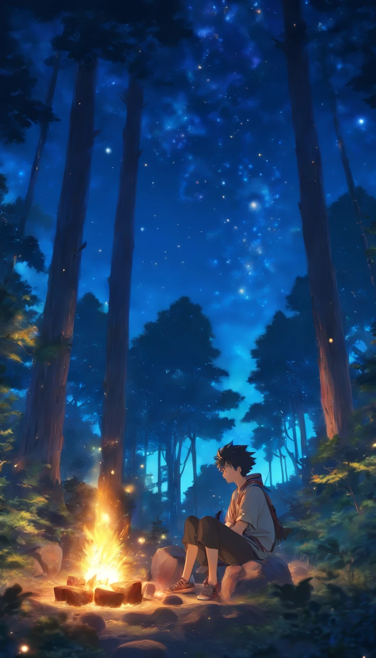 landscape, Summer, Night, forest, Campfire in one place, unmanned, no man, Starry sky, high definition detail, Ultra Detail, movie, Ultra-realistic realism, Soft light, Deep focus bokeh, Ray tracing, Ultra-realistic realism. , Art Station Pixiv Gees, By Shinkai Makoto, Art Germ