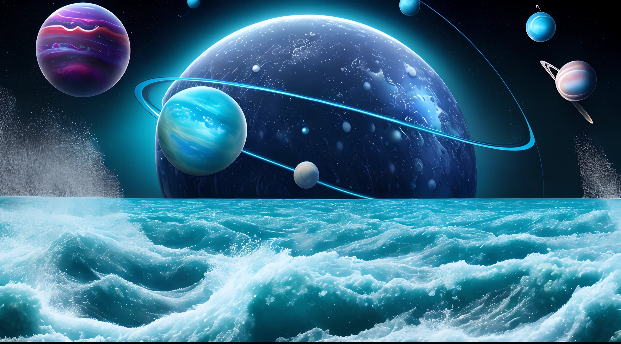 smooth rolling waves of (blue ocean) on alien planet, beautiful transparent water, night, gigantic fish jumps from the waves, blotches of irridescent plankton in water, glittering shiny water spray, background is deep purple sky dotted with stars, unknown constellations in the sky, (A multiple bright moons and planets in the sky:1.5), glowing horizon, fascinating view, masterpiece, best quality, detailed 4k wallpaper, award winning art, Bokeh, Depth of Field, HDR, bloom, Chromatic Aberration, extremely detailed, trending on artstation, trending on CGsociety, dramatic