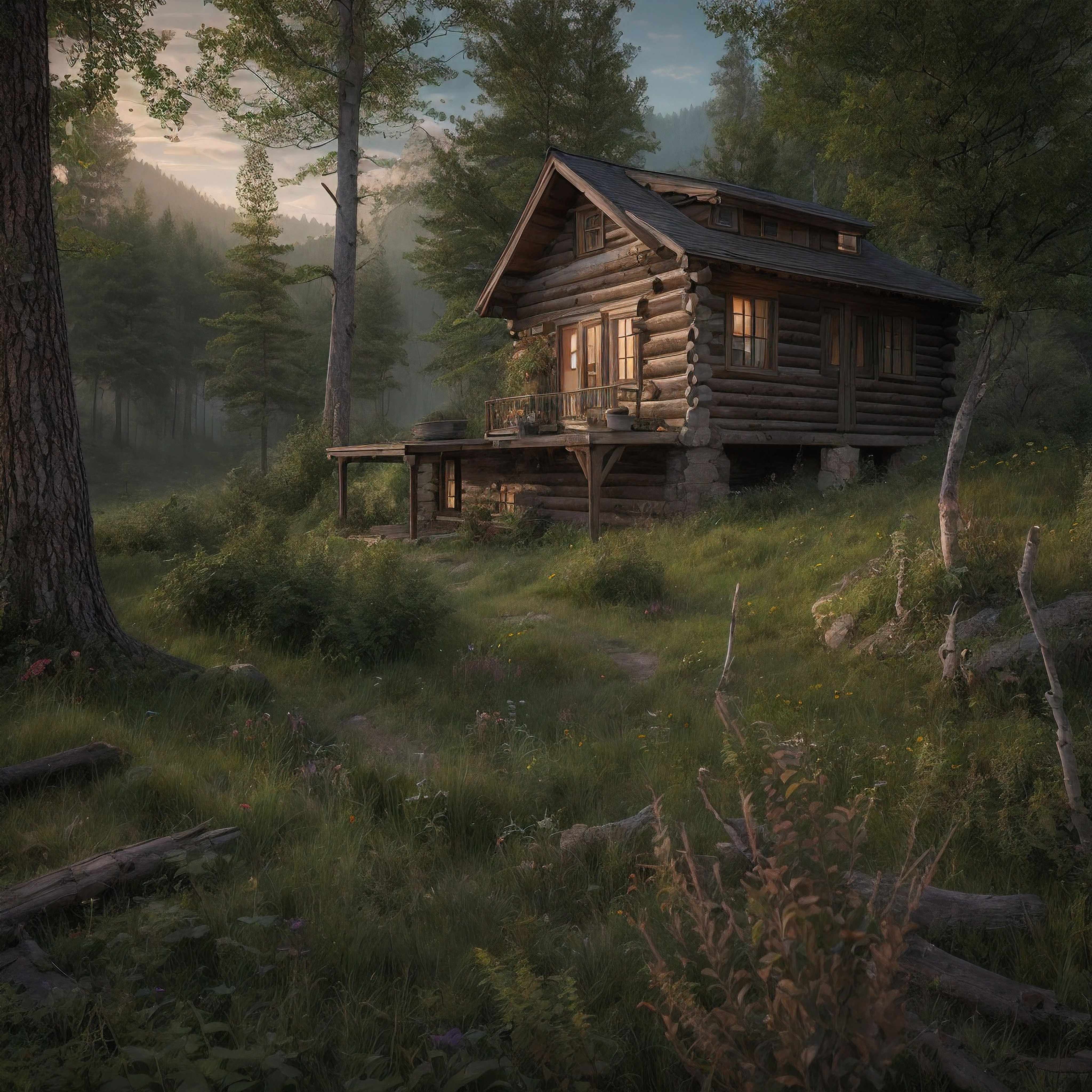 As the light began to fade, an old log cabin was spotted in a small clearing ahead. The cabin's roof shimmered in the fading sunlight. The log cabin was located near a quaint steampunk village, nestled within the rugged wilderness.
Upon approaching the cabin, one could sit on the bottom porch steps, resting their hands on their knees. From this vantage point, a peaceful scene could be taken in as the day came to an end. The natural beauty of the surroundings evoked a sense of calm.
The steampunk village provided a glimpse into an imaginative world, with its unique architecture and retro-futuristic technology. Though small and remote, it was a hub of innovation and creativity.
Beyond the village lay dense forests and rolling hills. The raw, rugged wilderness possessed a spirituality and timeless quality. The changing seasons transformed the landscape in dramatic ways.
As the last light of day faded, the porch of the cabin offered a place of respite and reflection, overlooking the village and natural world beyond. It was a serene spot to connect with nature and find inner peace as darkness slowly descended.