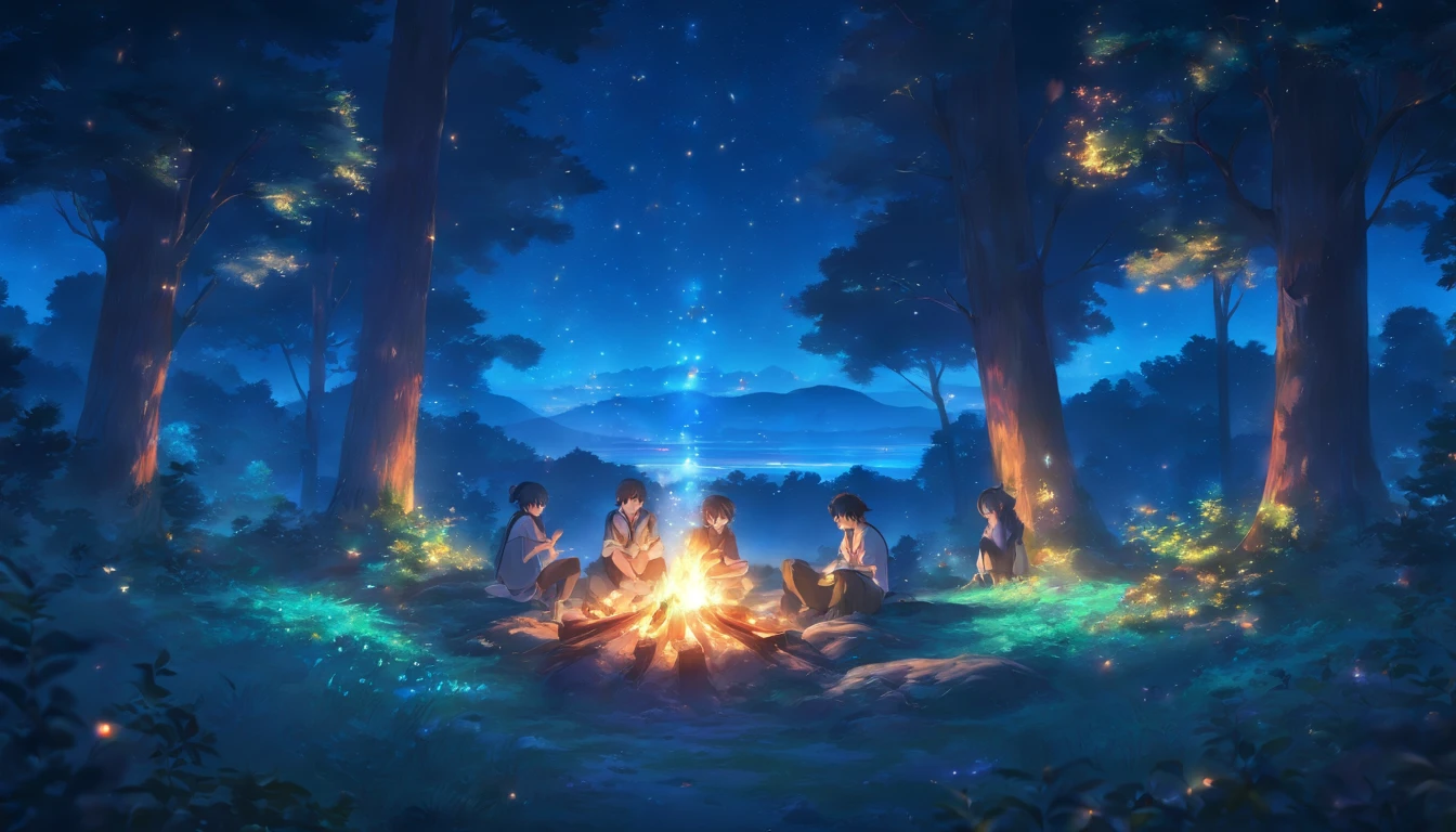 landscape, Summer, Night, forest, Campfire in one place, unmanned, no man, Starry sky, high definition detail, Ultra Detail, movie, Ultra-realistic realism, Soft light, Deep focus bokeh, Ray tracing, Ultra-realistic realism. , Art Station Pixiv Gees, By Shinkai Makoto, Art Germ