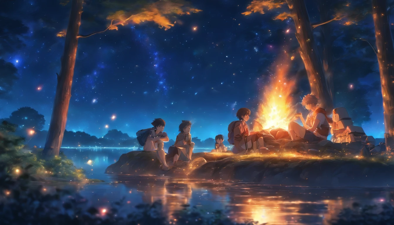 landscape, Summer, Night, forest, Campfire in one place, unmanned, no man, Starry sky, high definition detail, Ultra Detail, movie, Ultra-realistic realism, Soft light, Deep focus bokeh, Ray tracing, Ultra-realistic realism. , Art Station Pixiv Gees, By Shinkai Makoto, Art Germ
