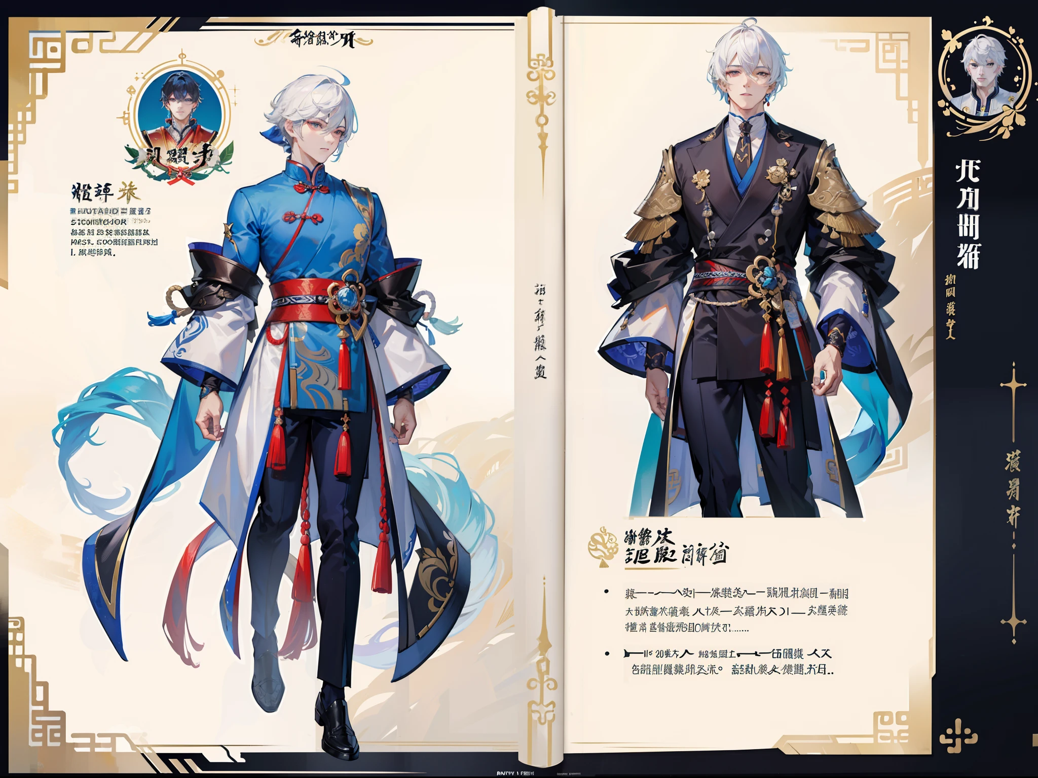 ((Masterpiece, Highest quality)), Detailed face, character design sheet， full bodyesbian, Full of details, frontal body view, back body view, Highly detailed, Depth, Many parts, Muscle boy with white hair，handsome man, Traditional chinese clothes, Genshin Impact, man tall