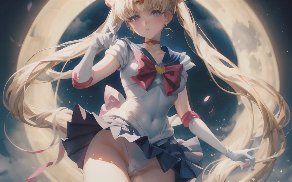 aausagi ,Sailor Moon, (white_panties:1.2), blonde, double bun, twintails, parted bangs, circlet, jewelry, earrings, choker, red bow, white gloves, elbow gloves, blue skirt, blush, full moon,nsfw