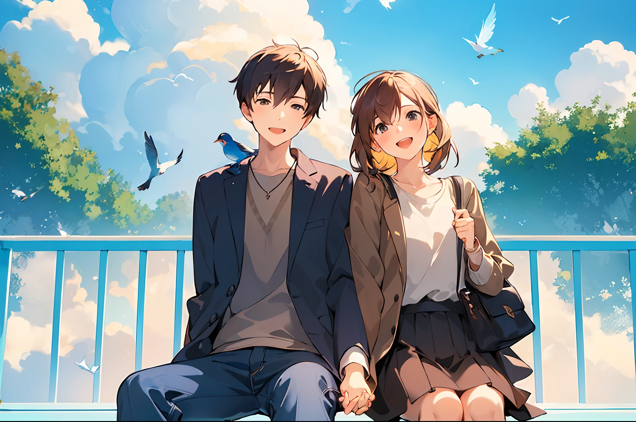 (masterpiece:1.3), best quality, official art, 1girl, 1boy, (cute:1.3), sitting on a park bench, (holding hands), smiling, blushing, (bright), (:D:0.6), sun light, cumulonimbus clouds, birds