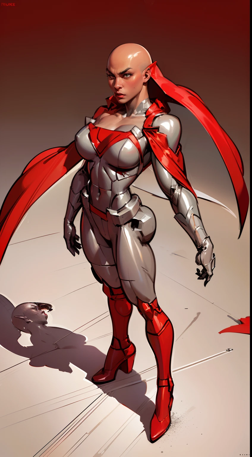 8k ((above view:1.4)), ((full body view:1.3)) (large eyes:1.3), ((strapless bodysuit:1.5)), ((brown shoulders:1.4)), defined cheekbones, ((the pit style:1.4))((silver strapless bodysuit:1.6)) ((intricate details:1.4)), detailed face:1.5), brown skin,(puffy lips:1.5) ((brown skin:1.6)), ((bald:1.6)), ((brown face:1.4)), (bald woman:1.8), (skinhead) ((sexy pose)),(Muscular:1.3), ((gigantic breasts:1.5)), )highly detailed, Volumetric lighting, baroque oil painting by Greg Rutkowski, Artgerm, WLOP, majestic, digital photography, best shadow, light particles, art by artgerm and ruan jia and greg rutkowski, ((small Red cape:1.5)), (masterpiece), sidelighting, intricate details, (((silver and red color palette)))