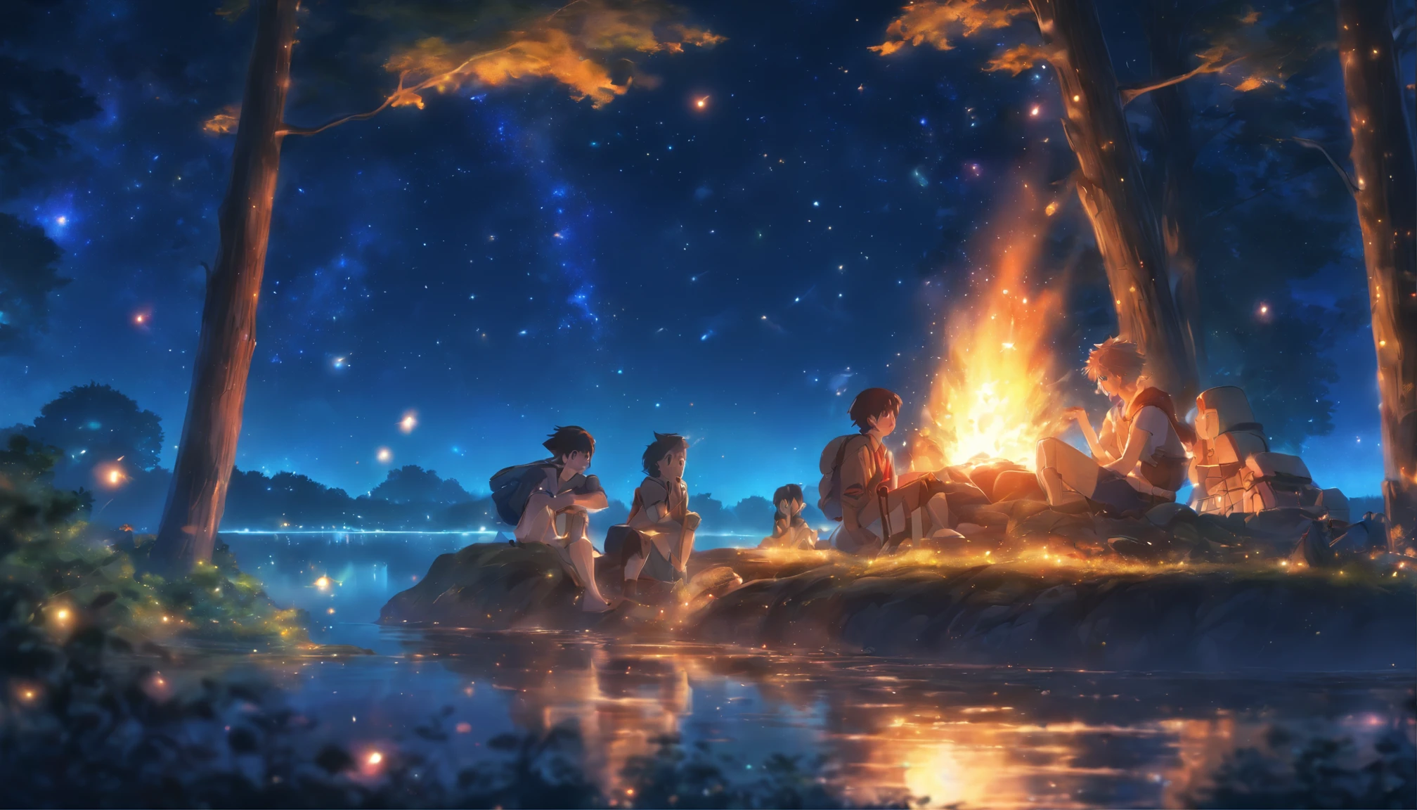 landscape, Summer, Night, forest, Campfire in one place, unmanned, no man, Starry sky, high definition detail, Ultra Detail, movie, Ultra-realistic realism, Soft light, Deep focus bokeh, Ray tracing, Ultra-realistic realism. , Art Station Pixiv Gees, By Shinkai Makoto, Art Germ