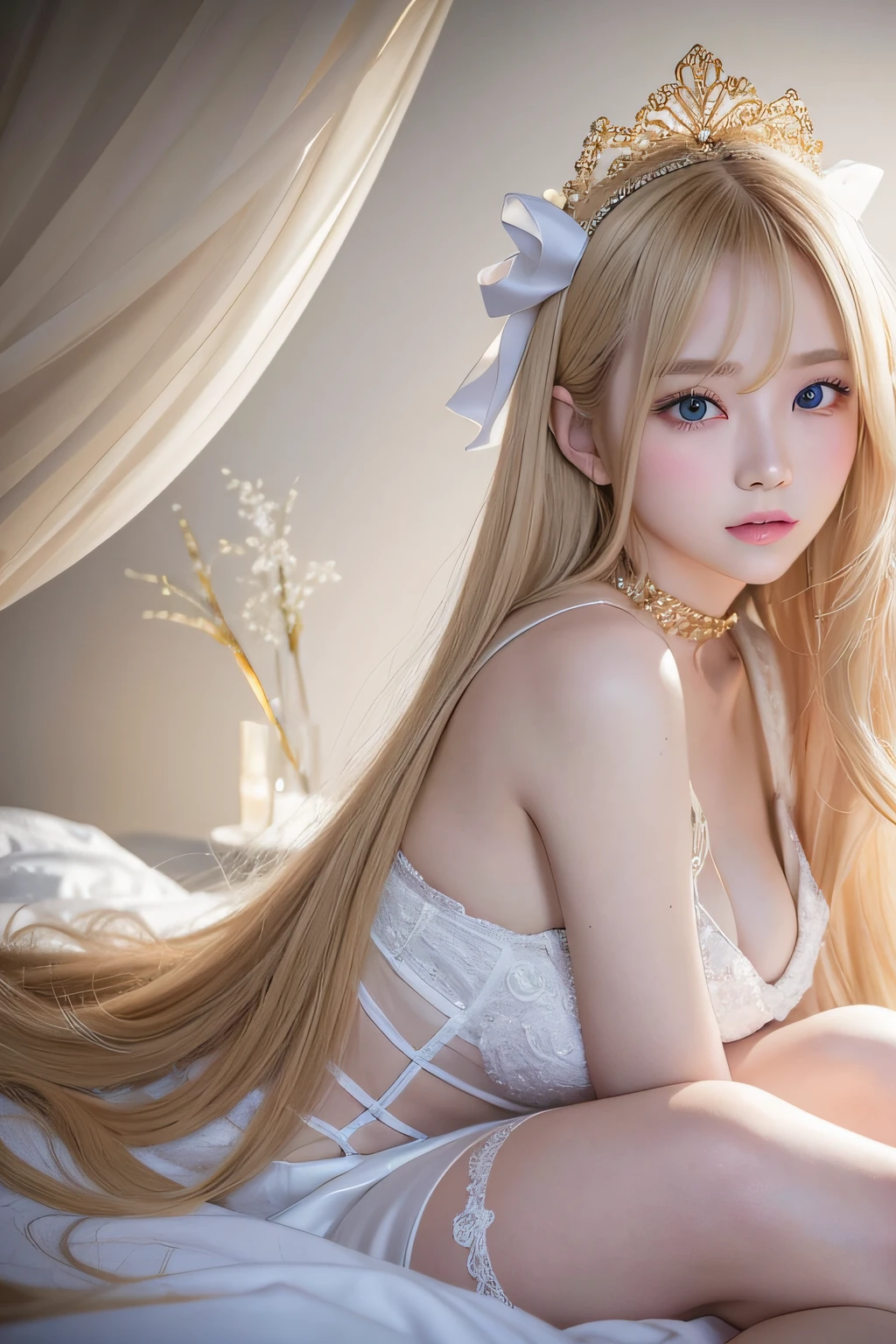 Super long blonde straight silk hair dazzling in gold、long hair between the eyes、The most beautiful girl in the world at 、Shining, Beautiful pale light blue eyes、Big double eyelid eyes、with round face、eye liner、Snow-white skin、shiny skin with shiny cheeks、Large breasts、a little bit smile、full body Esbian、Engaging pose、Spread your legs apart