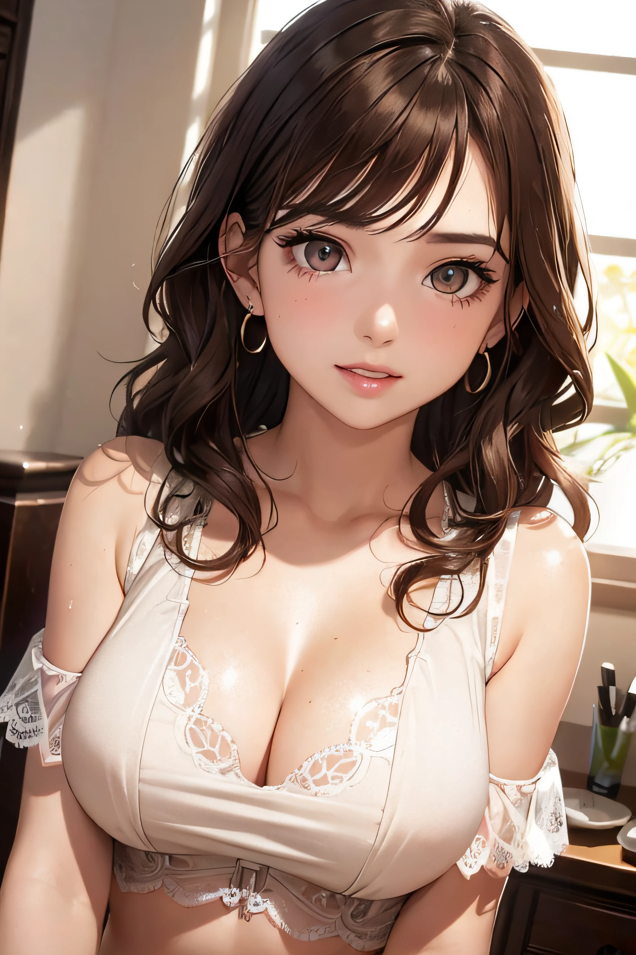 (One upper body photo), Beatiful face, Highly detailed face and skin texture, (Detailed eyes), Brown eyes, Double eyelids, Thin eyebrows, Glitter eyeliner: 1.2, Natural cheeks, Glowing skin, Fair skin, ((blouses or shirts without cleavage)), Shiny necklace and earrings, (Shiny lips: 1. 4), (Seductive smile), (20 years old), (Wavy hair, Brown hair, Diagonal bangs), Medium long hair, ((Upper body shot)), ((Focus on chest and face)), Medium large breasts, Upturned Breasts.