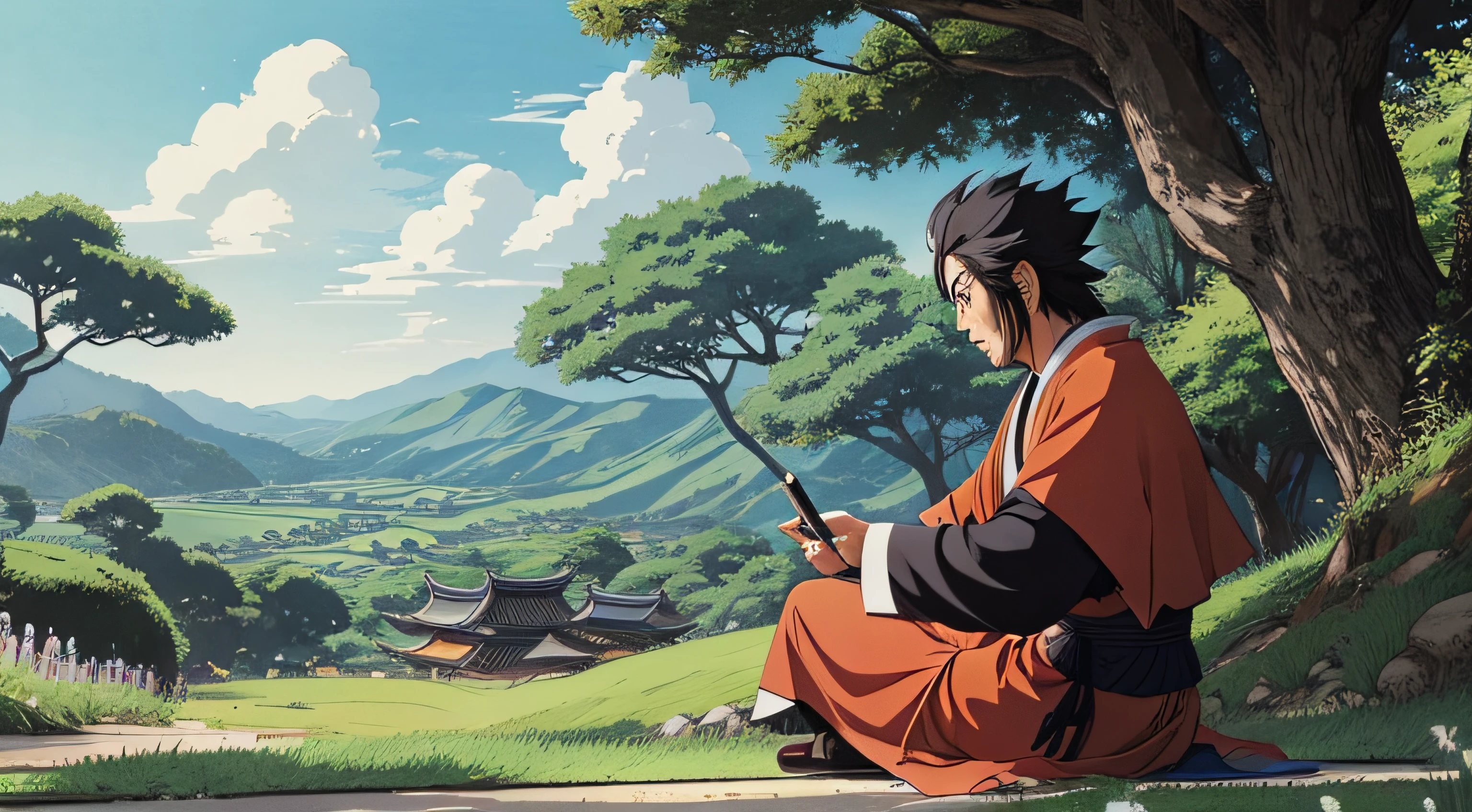 Miyamoto Musashi sitting on the grass observing the world around him, manga style drawing, Studio Ghibli