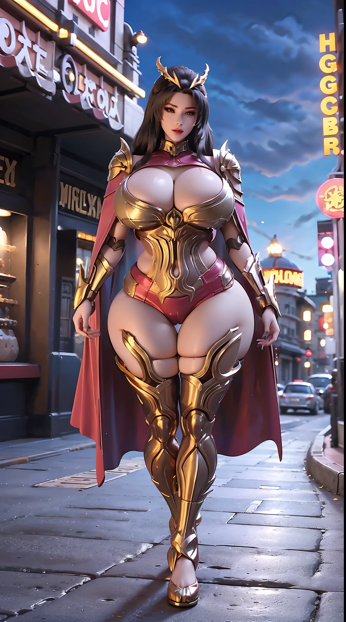 1GIRL, SOLO, (DRAGON QUEEN HELM), (HUGE FAKE BOOBS:1.3), (RED, GOLD), (STREET CITY BACKGROUND), (FUTURISTIC PHOENIX MECHA BODYSUIT, ROYAL CAPE, CLEAVAGE:1.2), (SKINTIGHT YOGA PANTS, HIGH HEELS:1.2), (BUSTY CURVY BODY, LONG LEGS, FULL BODY VIEW:1.5), (LOOKING AT VIEWER), (WALKING DOWN:1.2), MUSCLE ABS:1.3, ULTRA HIGHT DEFINITION, 8K, 1080P.