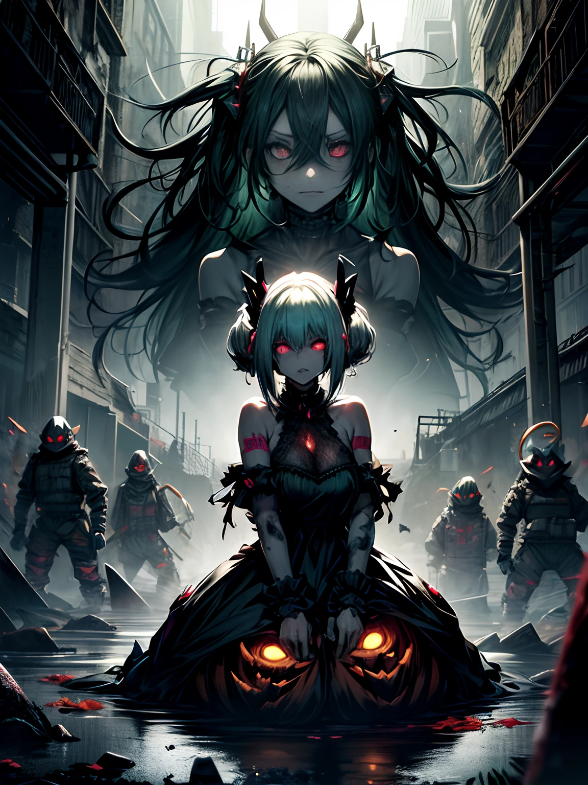 haunted pumpkin、Ahegao、miku hatsune、Green hair、Black Dress、Very fellow humanoid characters, red eyes, She's crazy, nutty, horor, is scared, is scared, Shock value, Very diabolical, evocation, terrorism, terrorism, terrorism, rot, feeling of disgust, She is a psychopath, murky, extremely pale, paler, matted,, seem, terrifying, disease, Background ruins, gore, Bloody_mano, Yui, full body Esbian, (Messy_long_murky_Haar), Bosseler, evil eyes, Bright eye, psychopath,