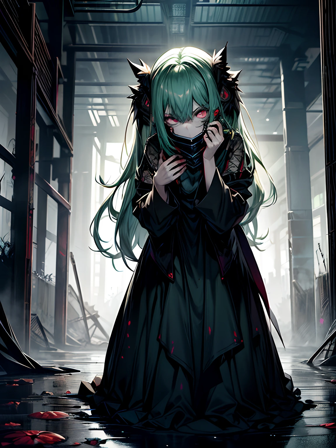 haunted pumpkin、Ahegao、miku hatsune、Green hair、Black Dress、Very fellow humanoid characters, red eyes, She's crazy, nutty, horor, is scared, is scared, Shock value, Very diabolical, evocation, terrorism, terrorism, terrorism, rot, feeling of disgust, She is a psychopath, murky, extremely pale, paler, matted,, seem, terrifying, disease, Background ruins, gore, Bloody_mano, Yui, full body Esbian, (Messy_long_murky_Haar), Bosseler, evil eyes, Bright eye, psychopath,