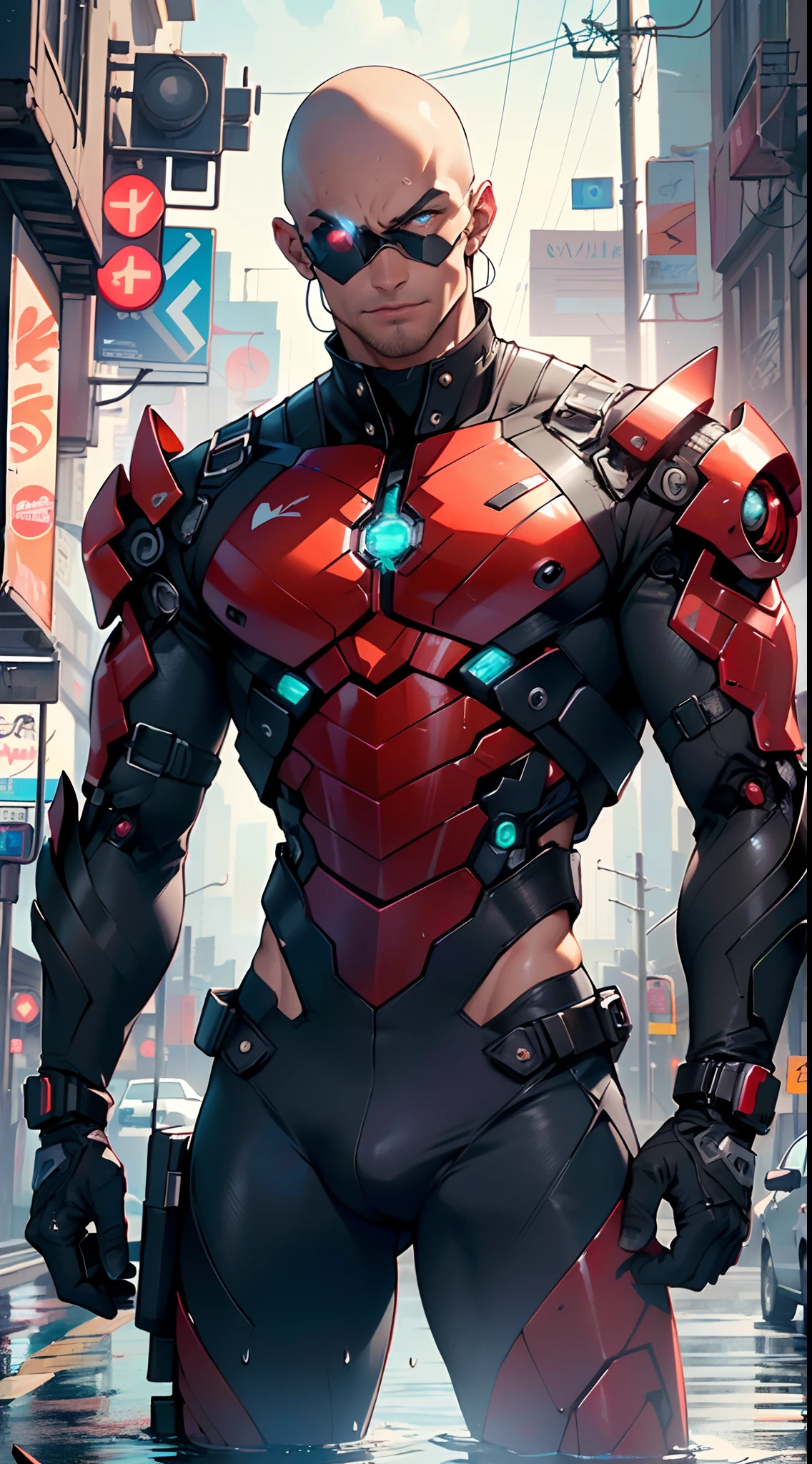 man:1.5,1 man,cyborg man,(1man),((one eyepatch, pirate man, cyborg, robotic arm, bald head)),

(((1male,handsome man,male,male gender:1.5,male focus))),macho man,

(((lustrous skin:1.5,tanned skin,bright skin: 1.5,skin tanned,shiny skin,very shiny skin,shiny body,illuminated skin))),man chest,((muscular)),(((detailed face))),

nsfw,

(((bare chest))),red pants,((bulge in pants)),((cyborg outfit)),((wet clothes,intricate outfit,intricate clothes)),

(dynamic pose:1.0),solo focus,((evil smile,evil look)),(centered,scale to fit dimensions,Rule of thirds),

cyberpunk city by the ocean at night, with bright neon signs and dark stormy clouds and puddles, scenery:1.25,

artistic photography,(photography taken by sldr),highres, sharp focus, (ultra detailed, extremely detailed), (photorealistic artwork:1.37),(extremely detailed CG unity 8k wallpaper),((synthwave background theme)),(((vibrant colors))),(intricate background),(masterpiece),(best quality)