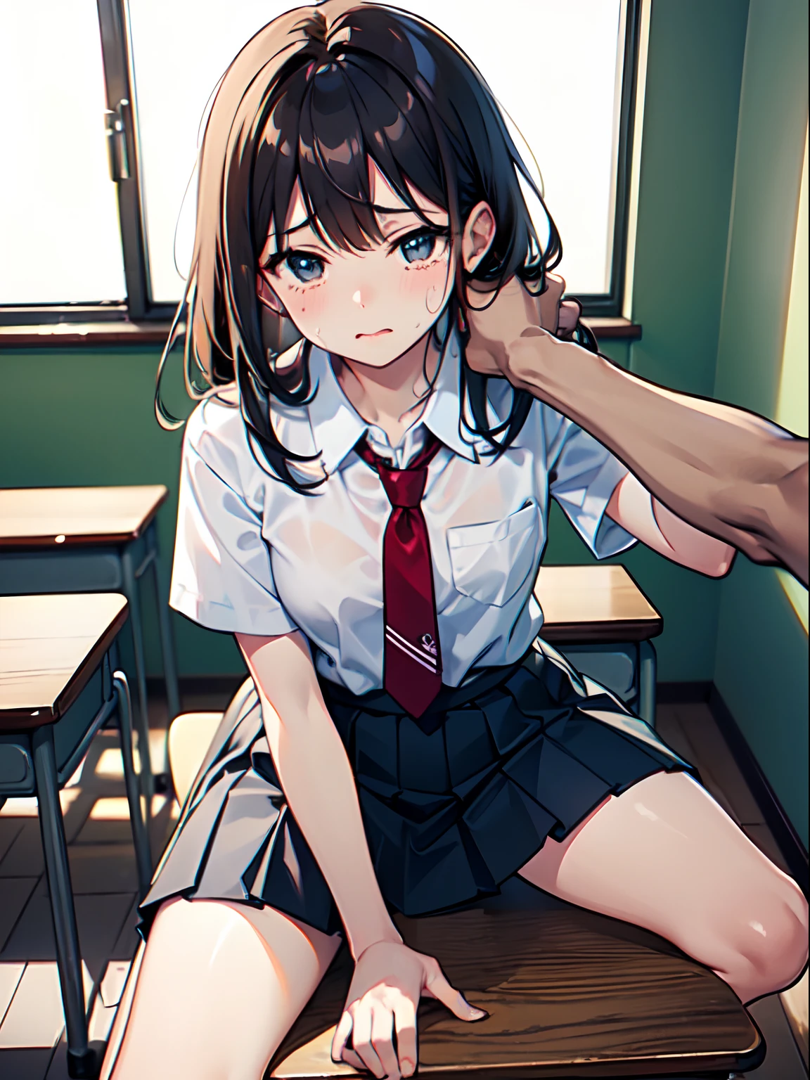 NSFW,top-quality、ultra-detailliert、masterpiece、realisitic、Photo Real、 1girll、1 boy、(Being touched by a man:1.5),(A man strokes the crotch of a girl),perfect hand、Detailed finger、Beautiful detailed eyes、Schoolgirl、japanese hight school uniform、White shirt with short sleeves、red necktie、Dark blue pleated skirt、detailedbackground,Classroom, cocked ass,Reddened face,(weeping:1.2),confused eyes、Leaning on the desk