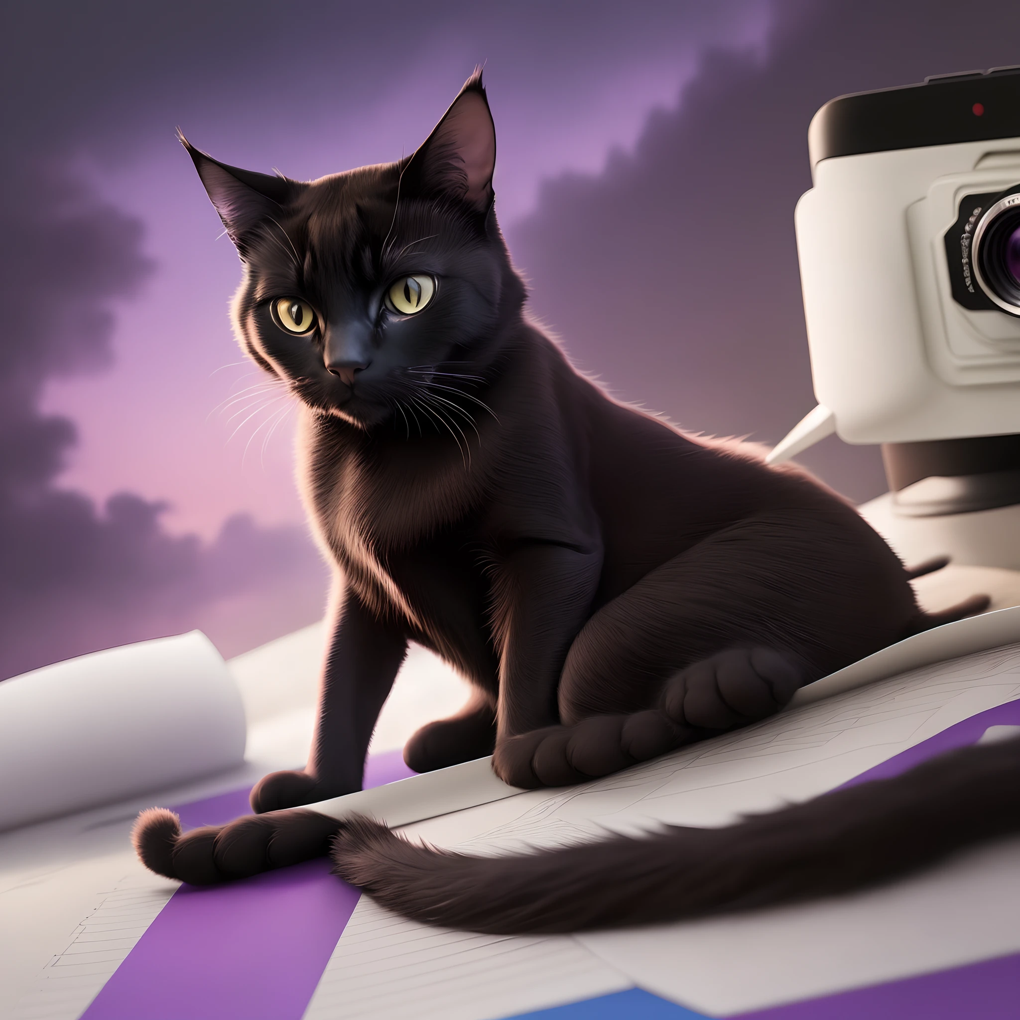 Camera photo paper of a black cat with purple sky