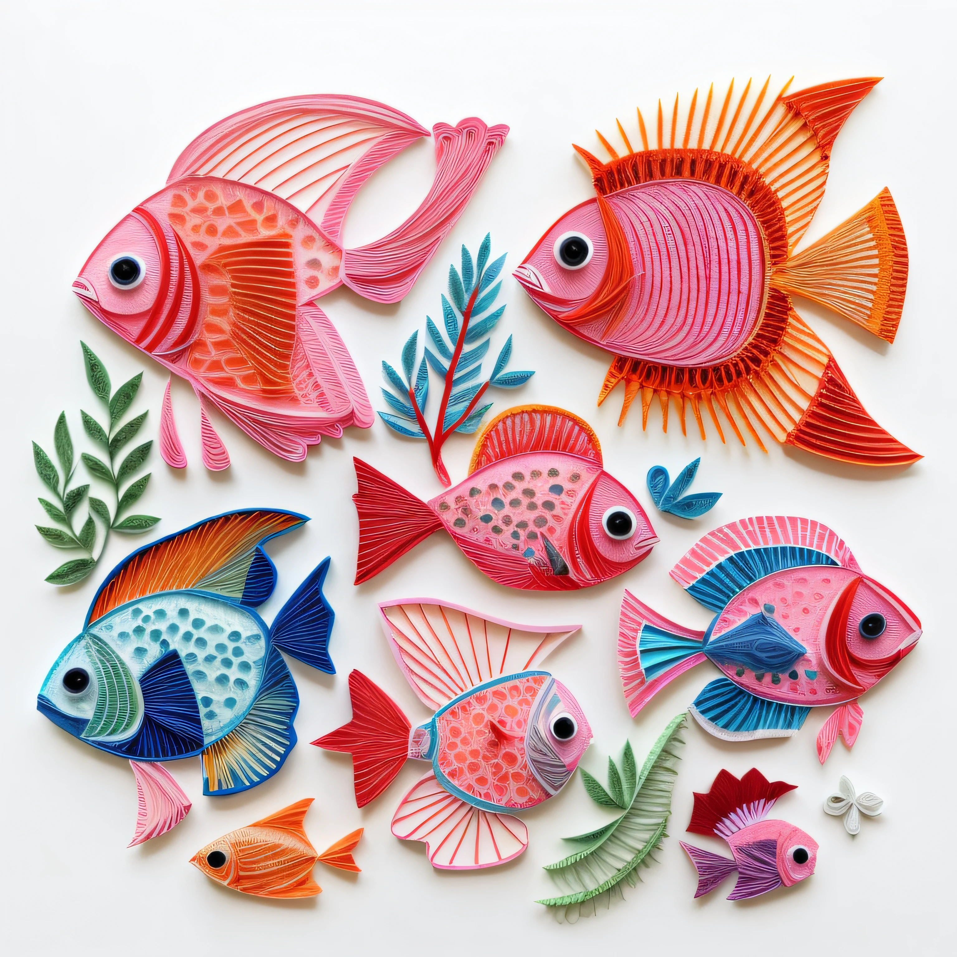 a close up of a group of fish on a white surface, fishes, jane newland, colorful fish, by Andrée Ruellan, school of fishes, paper art, paper quilling, by Zofia Stryjenska, jewel fishes, fish shoal, school of fish, layered paper art, by Nancy Graves, paper cut art, by Lee Loughridge