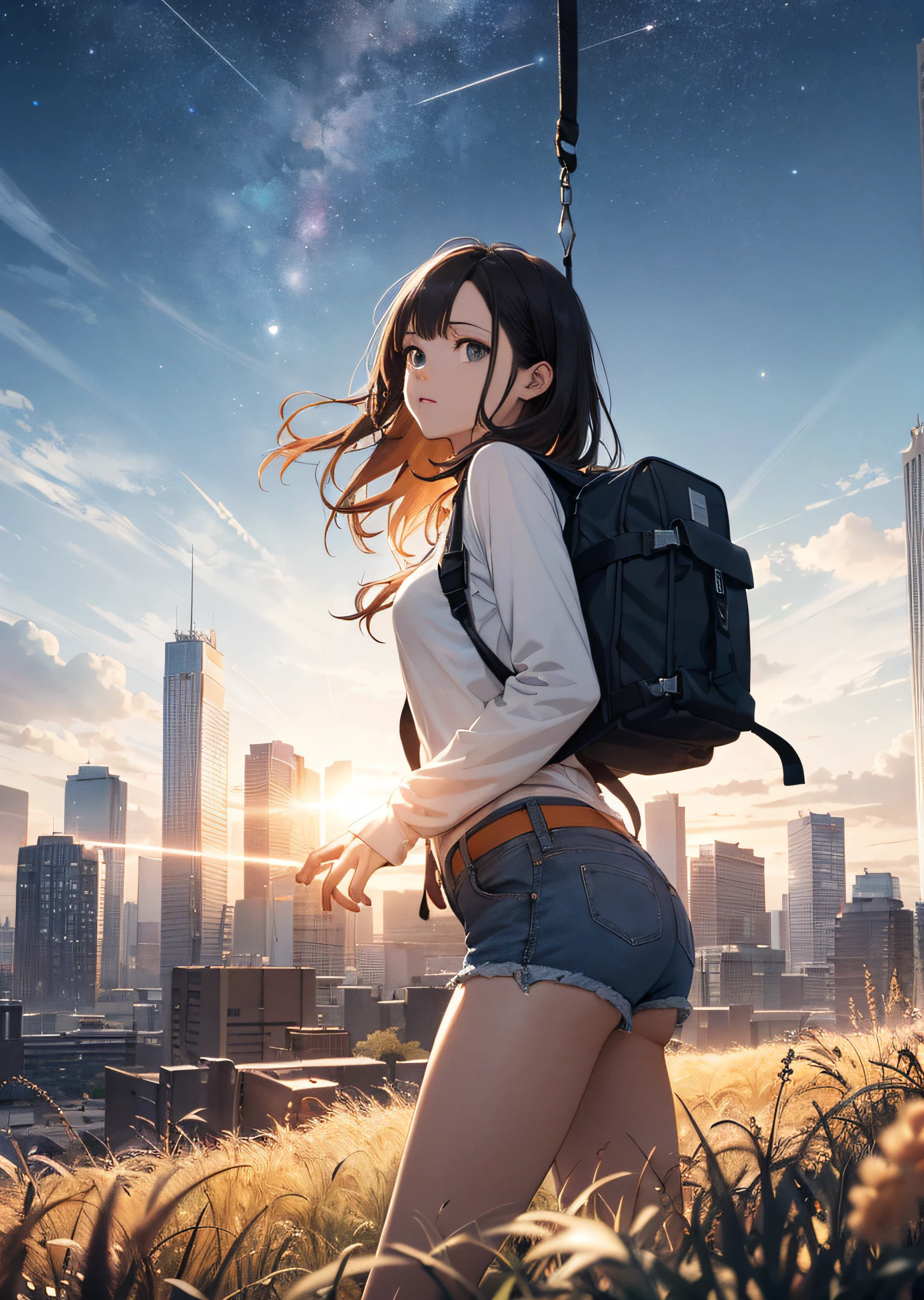 The vast sky, beautiful skyline, large grasslands, extremely tense and dramatic pictures, moving visual effects, high hanging Polaris, colorful natural glare. A girl in a long-sleeved top and denim shorts with a side backpack