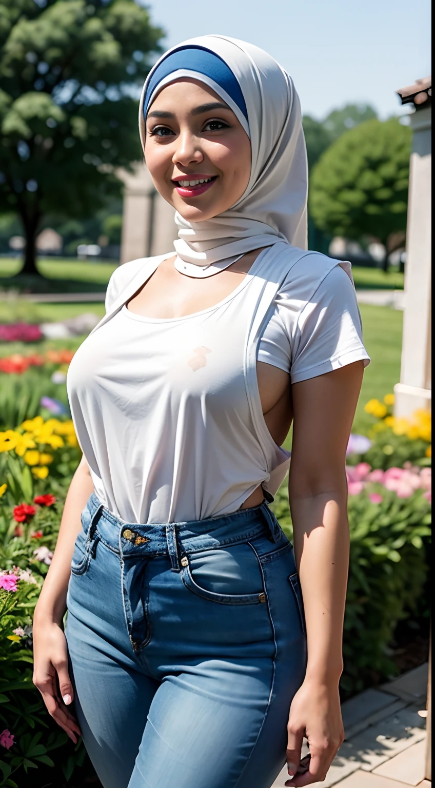 RAW, Best quality, high resolution, Masterpiece: 1.3), Beautiful Malay woman in hijab, Masterpiece, Perfect slim body, ((Big breasts)), Beautiful big eyes, watery eyes, Soft smile, wet lips,(wearing White tight tshirt, Jean bib, Standing:1.2) ,smiling, breezy, skin details, skin texture details, wide hips, thick thighs, sexy body, morning time, laughing, happy, bright sunshine, flower garden path, blurred background, bokeh