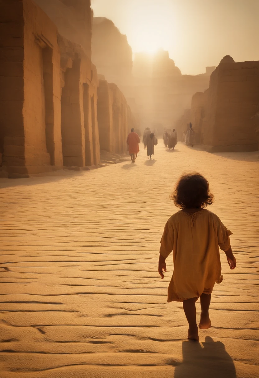 Desenhar Jesus Cristo, imagem realista um menino, de pele morena cabelos longos e castanho, between the ages of three and seven. Walking through Egypt's city in front of camera, entre pessoas .4k, altamente detalhado.