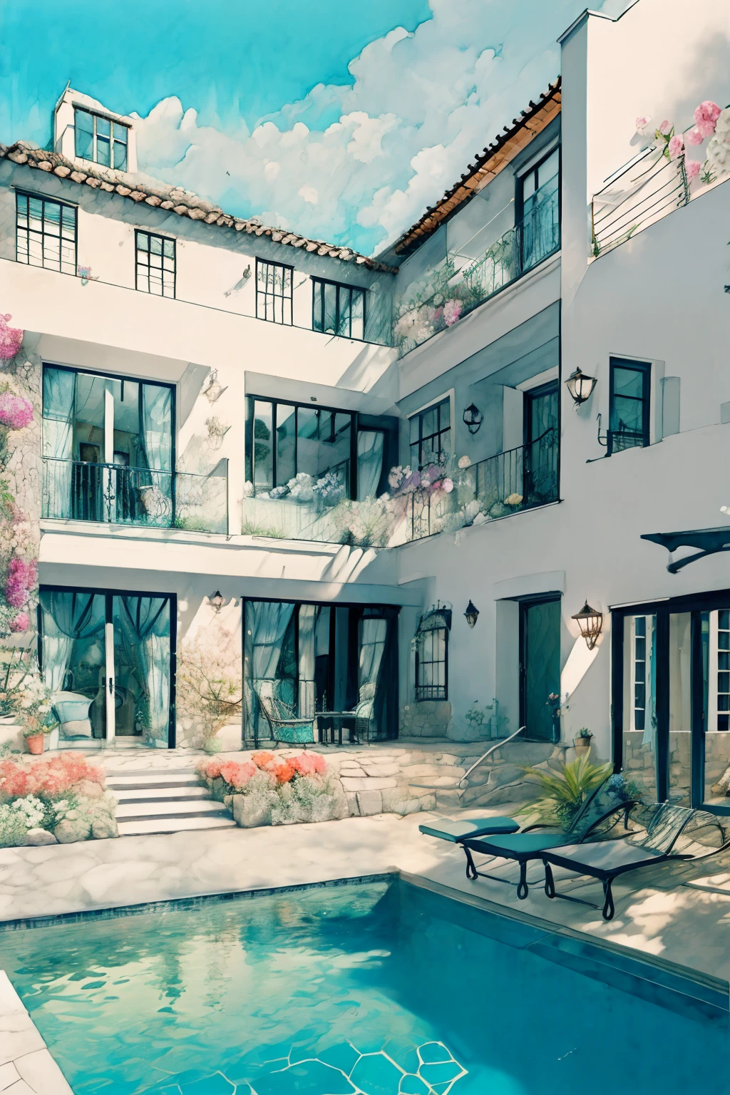 monocromatic,Aquarela \(medium\), escala de cinza, a patio with pool and flowers