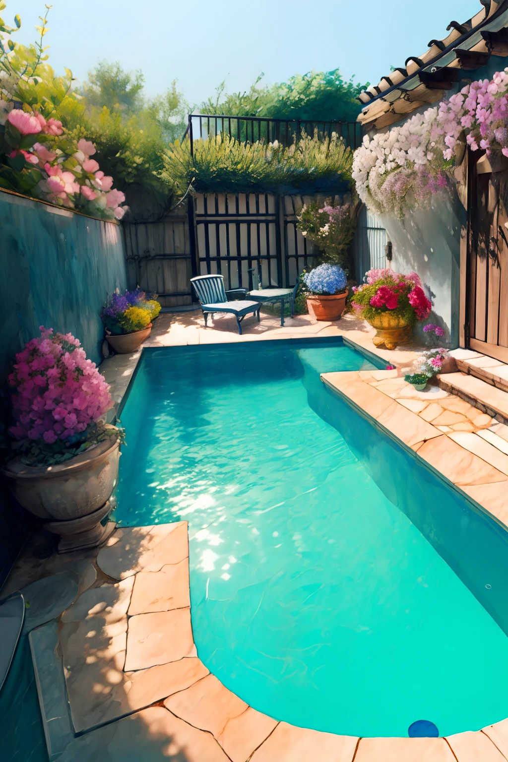 monocromatic,Aquarela \(medium\), escala de cinza, a patio with pool and flowers