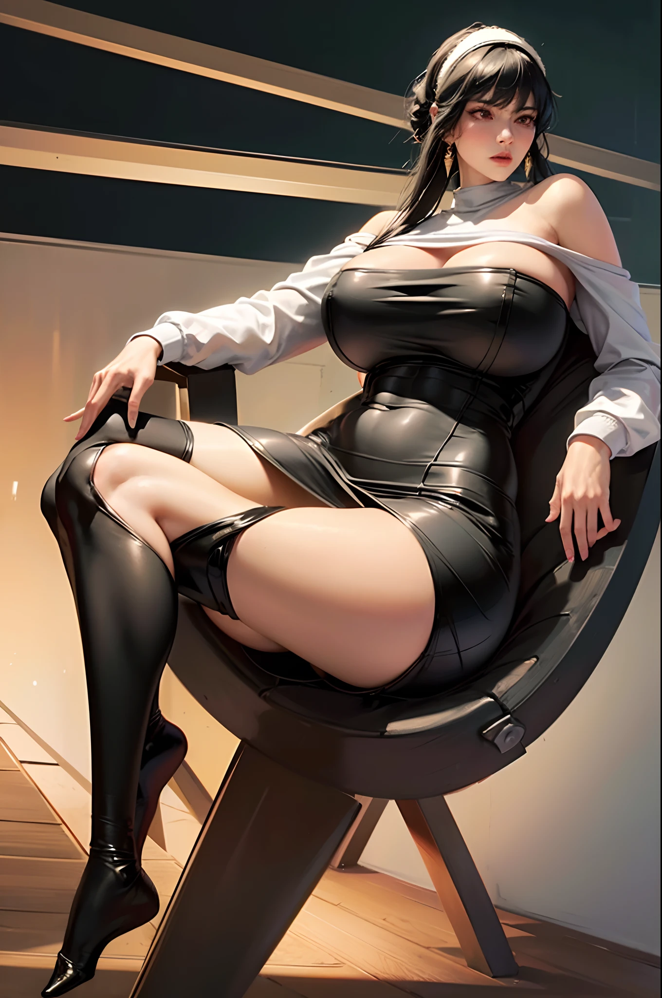 (8K, Raw photo, Best Quality, masutepiece:1.2), (Realistic, Photorealsitic:1.37), Ultra-detailed, , ((Realistic light, Best quality, 8k, Masterpiece :1.3)), Selfie,(((bbyorf, short hair with long locks, white hairband, red eyes, gold earrings, large breasts, jewelry, off shoulder, red sweater, sweater dress, long sleeves, black pantyhose)), 1girl, with perfect figure :1.4, abs :1.1,) ( Huge large sexy breasts :1.5),(((Sagging breasts))), stlouis, (((large full breasts))), breast_expansion, (((Ultra detail glossy skin))), (((HUGE slim SEXY ASS))), fat ass, perfect thighs, perfect feet, stockings, no shoes, no bra, areolas hard, wedgie, breasts indentation areolas protruding.