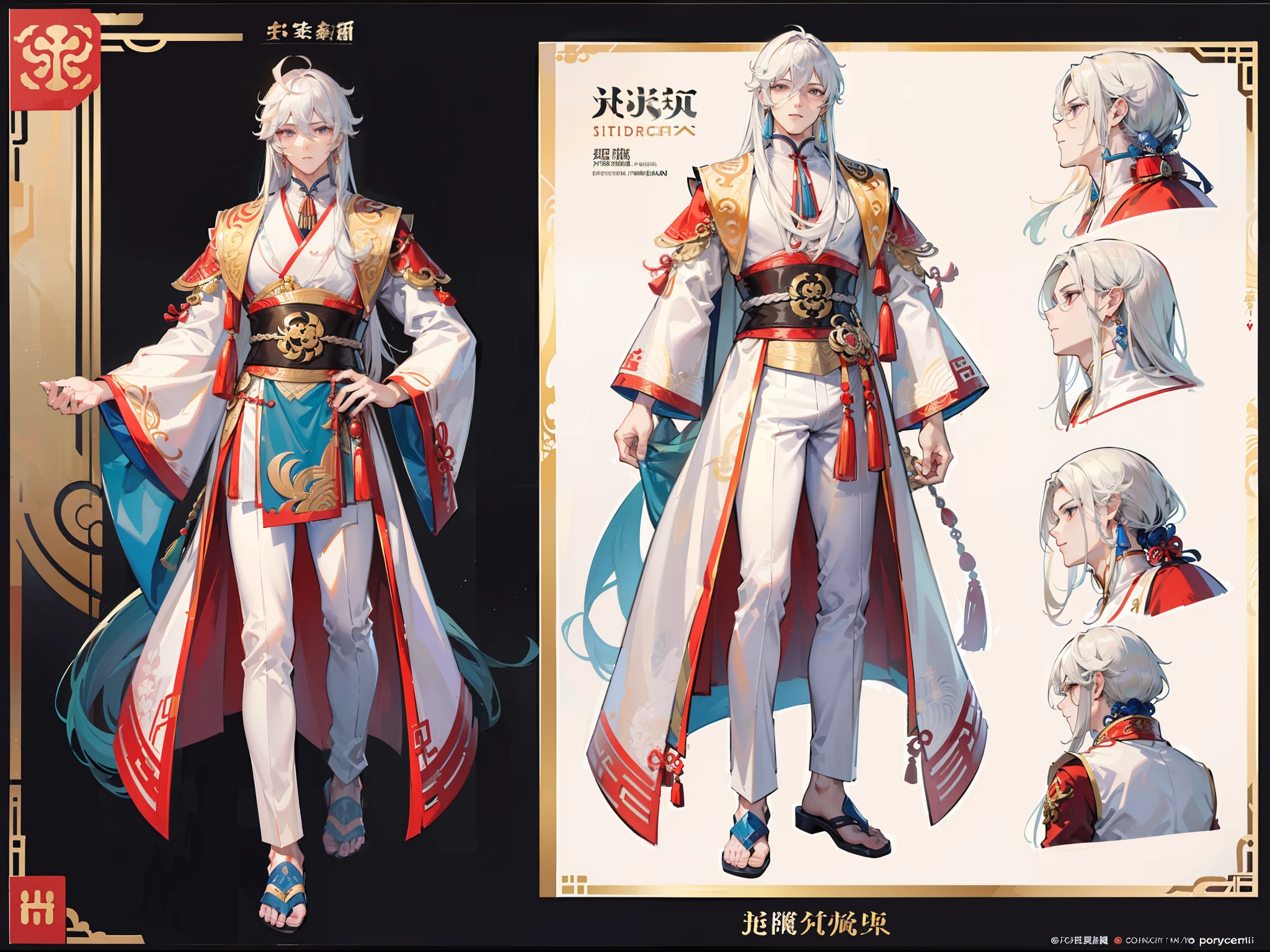 ((Masterpiece, Highest quality)), Detailed face, character design sheet,full body esbian, Full of details, frontal body view, back body view, Highly detailed, Depth, Many parts, Muscle boy with long white hair,handsome man, Traditional chinese clothes, Genshin Impact, man tall, pectoral muscles, abs