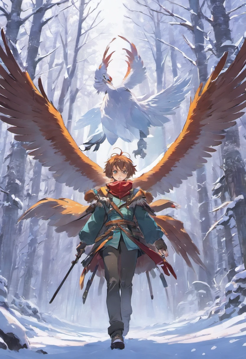 in the middle of the snowy forest, surrounded by snowy mountains, a giant eagle carrying a man in its paws