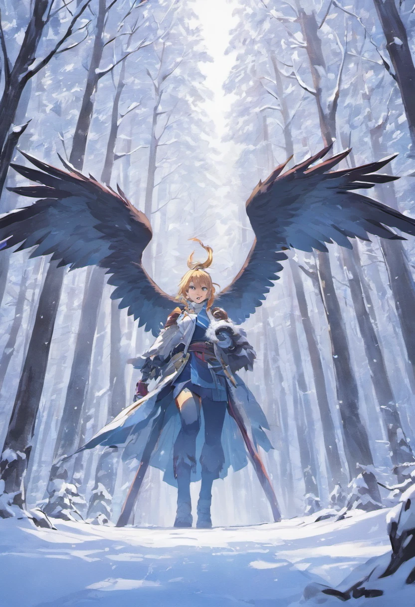 in the middle of the snowy forest, surrounded by snowy mountains, a giant eagle carrying a man in its paws
