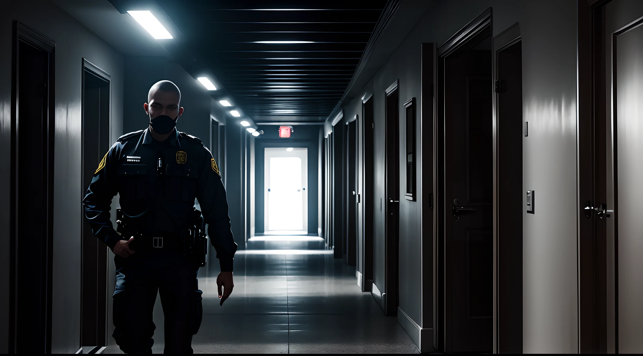 a man wearing a security uniform holding a flashlight in a scary hallway