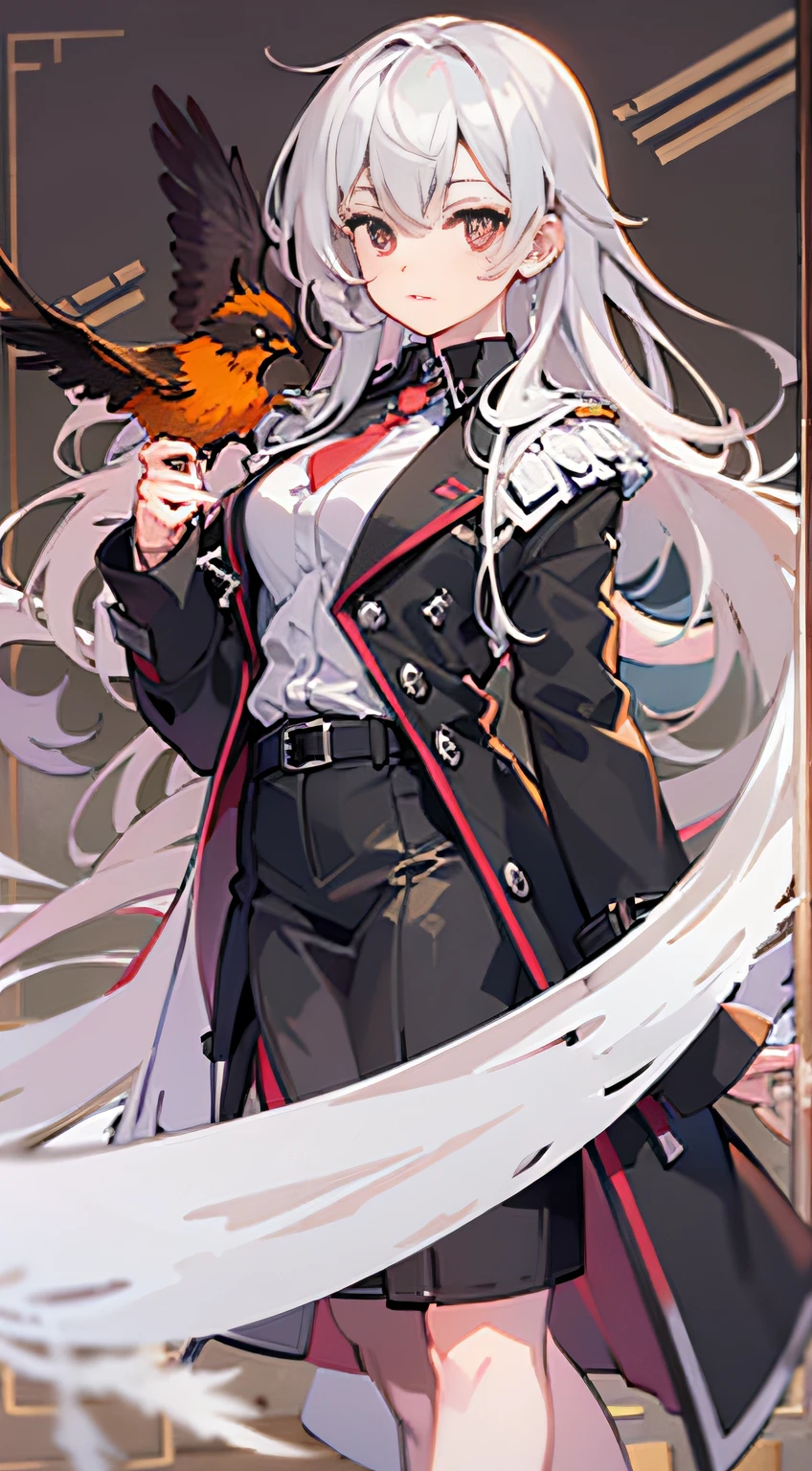 Anime shoujo，Canary anthropomorphism，Master masterpieces，White open belly T-shirt，a black trench coat，red color eyes，White color hair，long whitr hair，solo person，Black Phoenix