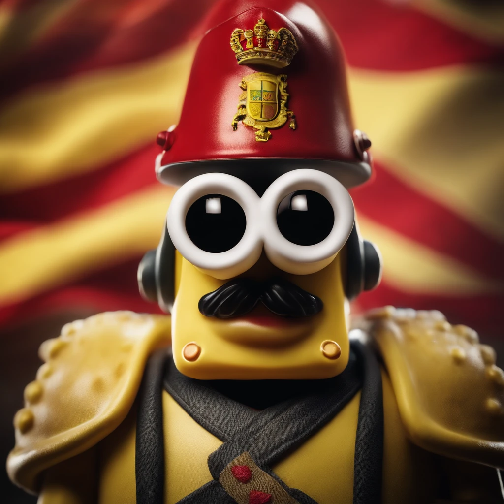 SpongeBob dressed as a soldier with a flag of Spain