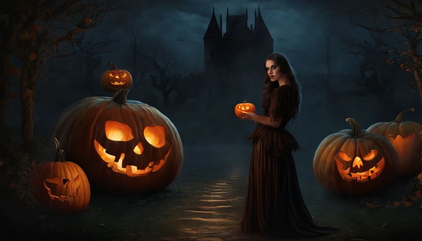 Spooky brujas y fantasmas, calabazas y calaberas, Estilo pintura arte, Dark Gothic style.