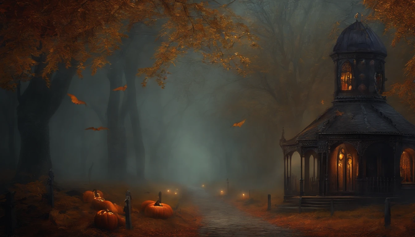 Spooky brujas y fantasmas, calabazas y calaberas, Estilo pintura arte, Dark Gothic style.