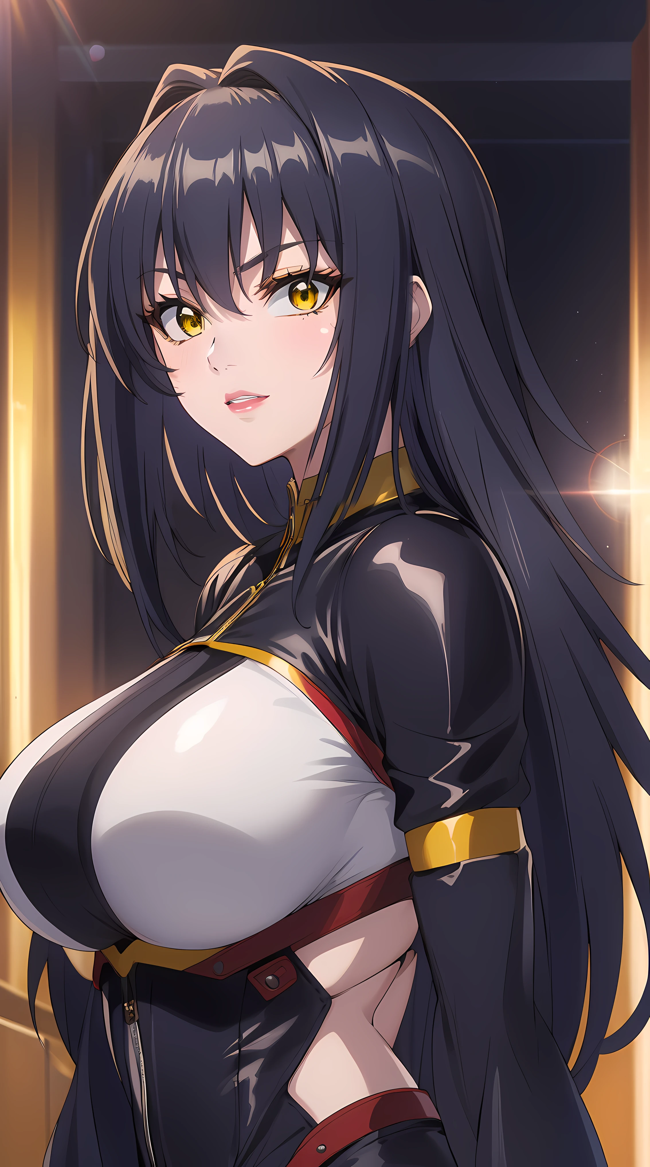 An 8K 3D CGI image of a manga-style medium shot of the High School DxD character Akeno Himejima. Akeno is an attractive and voluptuous-looking woman with very long, floor-length black hair and a ponytail tied with a yellow ribbon, violet eyes, and a generous bust. She wears a school uniform with a short black coat and a white t-shirt enclosed in a stylized gold chrome circle. Akeno is in front of the stylized "ANIME HOUSE!" logo. The background is a blue sky with floating anime-style text "AH!".