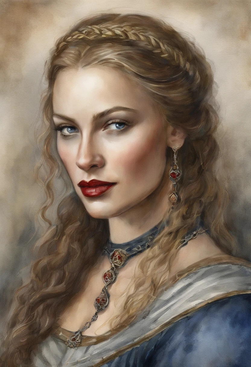 Portrait of a very beautiful medieval young woman Mirena from the film Dracula Untold (2014), feminine image of Mirena from the film Dracula Untold (2014), very beautiful and slender face of Sarah Gadon, long blond thick hair, her hair shimmers with gold, she wears a beautiful medieval European outfit , white linen shirt with elbow sleeves, dark gray and tight corset, low and wide red leather belt around her waist from Dracula Untold (2014), blue eyes, dark gray shadows on her eyelids, long black thick eyelashes, accentuated cheekbones, beautiful sensual red lips, around the 15th century, the Middle Ages, this woman is twenty-six years old -