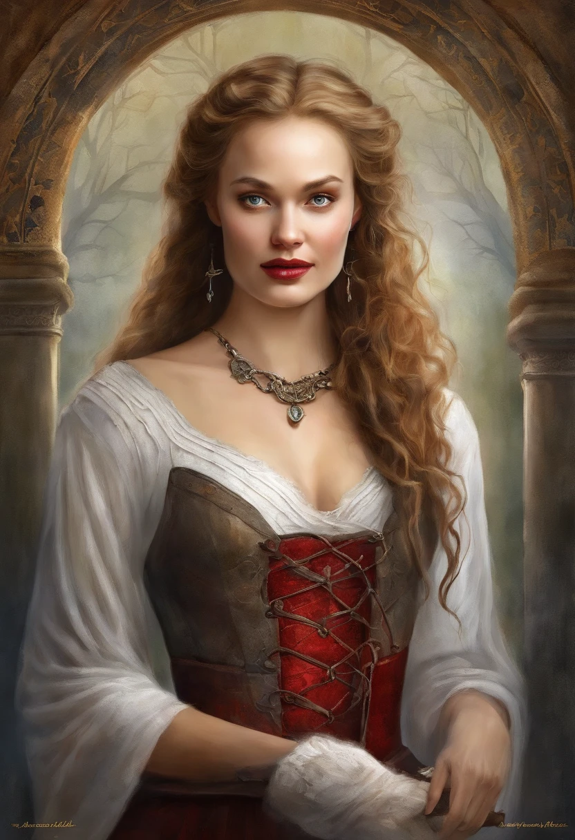 Portrait of a very beautiful medieval young woman Mirena from the film Dracula Untold (2014), feminine image of Mirena from the film Dracula Untold (2014), very beautiful and slender face of Sarah Gadon, long blond thick hair, her hair shimmers with gold, she wears a beautiful medieval European outfit , white linen shirt with elbow sleeves, dark gray and tight corset, low and wide red leather belt around her waist from Dracula Untold (2014), blue eyes, dark gray shadows on her eyelids, long black thick eyelashes, accentuated cheekbones, beautiful sensual red lips, around the 15th century, the Middle Ages, this woman is twenty-six years old -