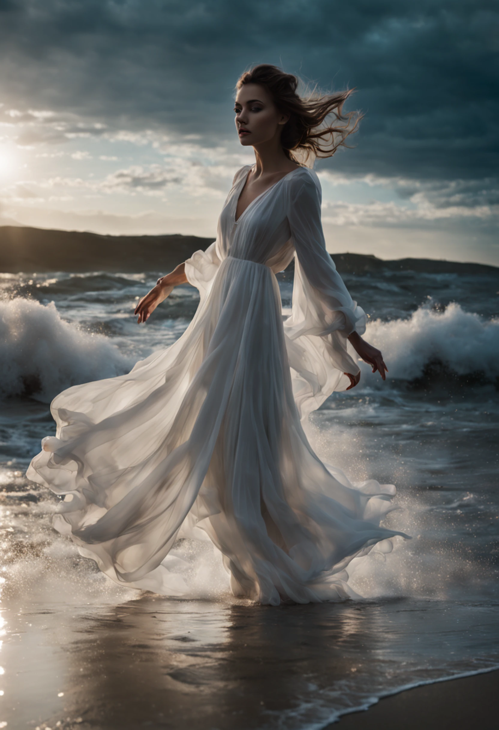 Beautiful woman in white dress standing in sea water with flowing dress, pale skinned, deusa, pegue a chave, de colar de diamante, Pearls in water, a noite, starly sky, sky with galaxy, ......lua, Como uma deusa, walking on water, mulher iluminada, blue water, wearing a white flowing dress, white flowing dress, she is floating in the air, flowing white robes, tiptoeing, Flowing dress, lindo vestido branco longo longo, Wearing a flowing dress, flutuando no ar, vestido branco longo, Pose flutuante elegante, cabelo flutuando ao vento, Girl in white dress dancing, mistic, Magic, realista, chocante, Escuro, Dramatic, Espiritual, mystery, deusa