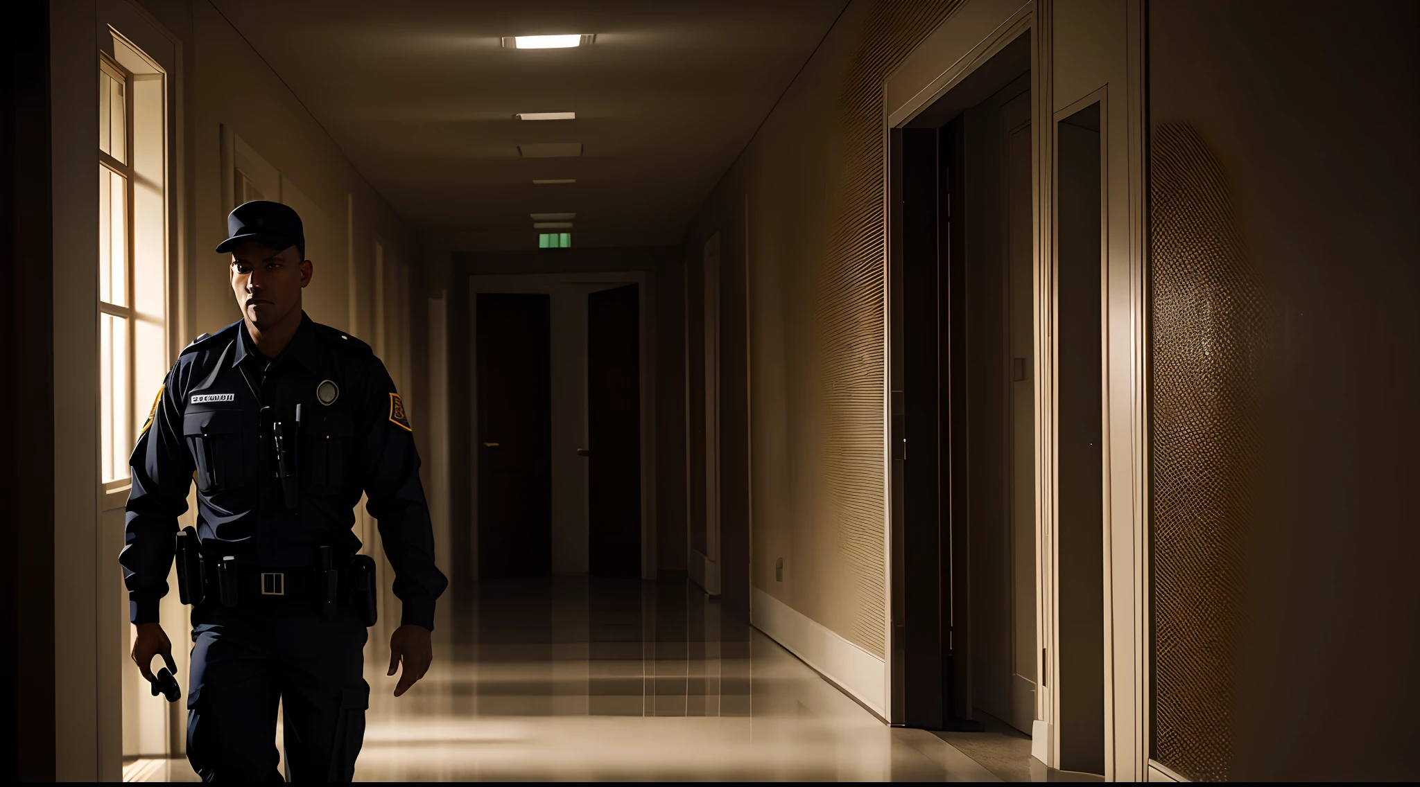 a man wearing a security uniform holding a flashlight in a scary hallway