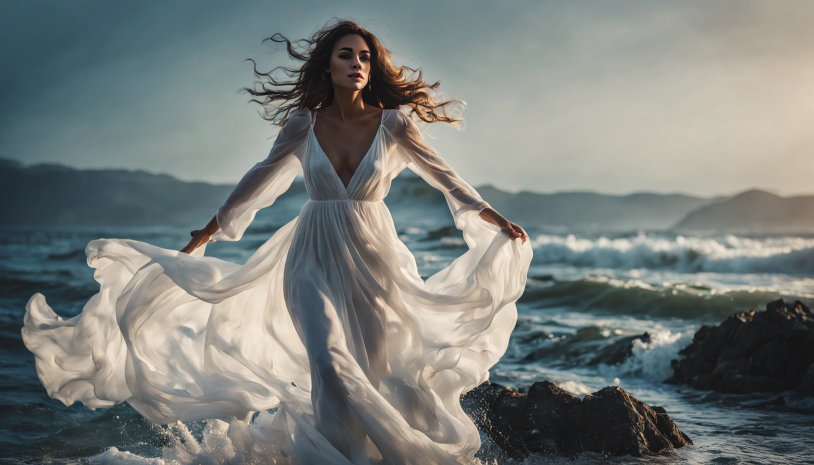 Beautiful woman in white dress standing in sea water with flowing dress, pale skinned, deusa, pegue a chave, de colar de diamante, Pearls in water, a noite, starly sky, sky with galaxy, ......lua, Como uma deusa, walking on water, mulher iluminada, blue water, wearing a white flowing dress, white flowing dress, she is floating in the air, flowing white robes, tiptoeing, Flowing dress, lindo vestido branco longo longo, Wearing a flowing dress, flutuando no ar, vestido branco longo, Pose flutuante elegante, cabelo flutuando ao vento, Girl in white dress dancing, mistic, Magic, realista, chocante, Escuro, Dramatic, Espiritual, mystery, deusa