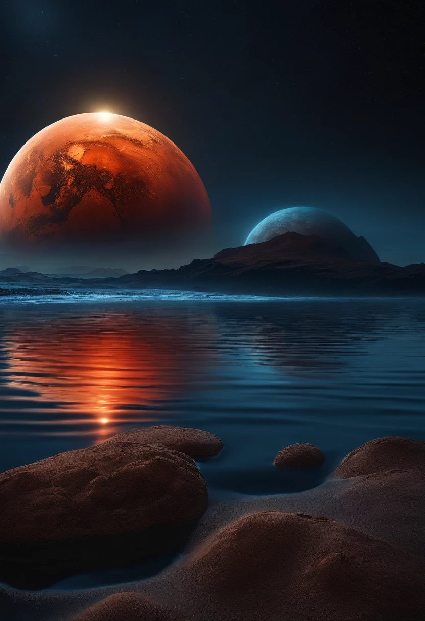 Night Blue Ocean Floating Giant Red Planet Golden Reflection