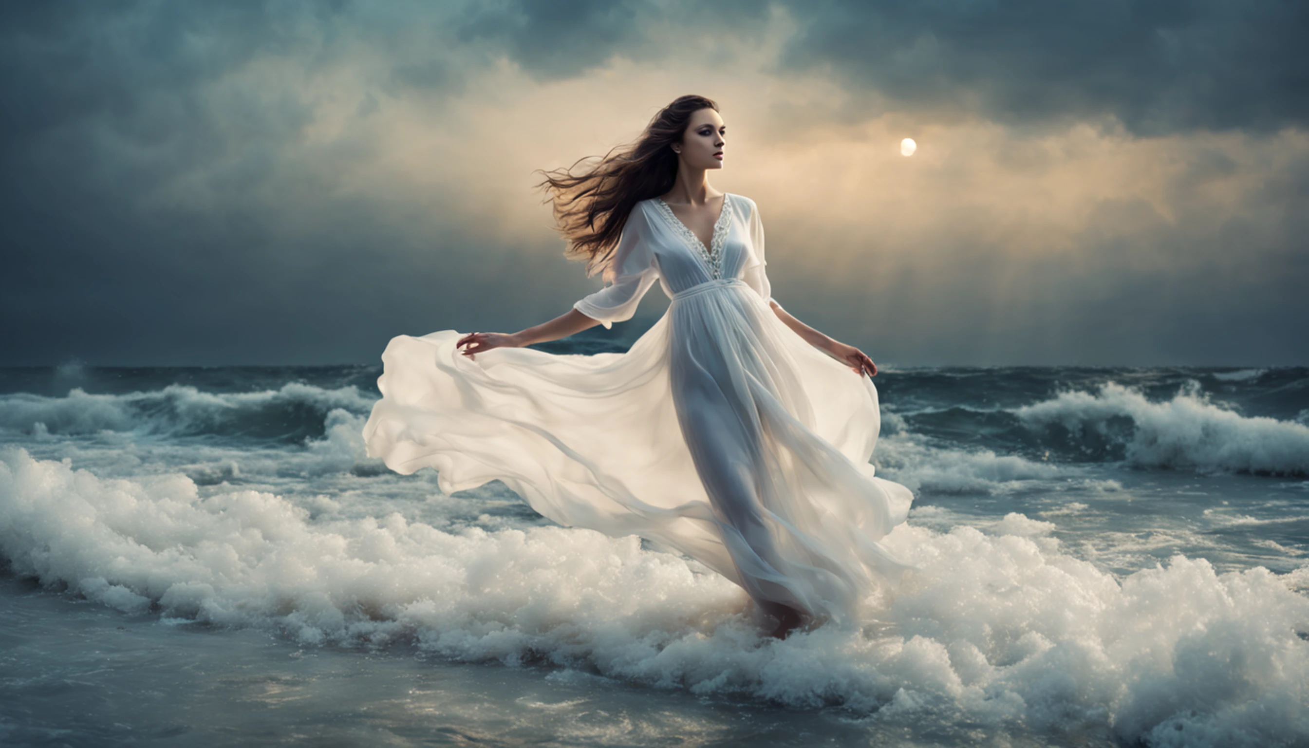 Beautiful woman in white dress standing in sea water with flowing dress, pale skinned, deusa, pegue a chave, de colar de diamante, Pearls in water, a noite, starly sky, sky with galaxy, ......lua, Como uma deusa, walking on water, mulher iluminada, blue water, wearing a white flowing dress, white flowing dress, she is floating in the air, flowing white robes, tiptoeing, Flowing dress, lindo vestido branco longo longo, Wearing a flowing dress, flutuando no ar, vestido branco longo, Pose flutuante elegante, cabelo flutuando ao vento, Girl in white dress dancing, mistic, Magic, realista, chocante, Escuro, Dramatic, Espiritual, mystery, deusa
