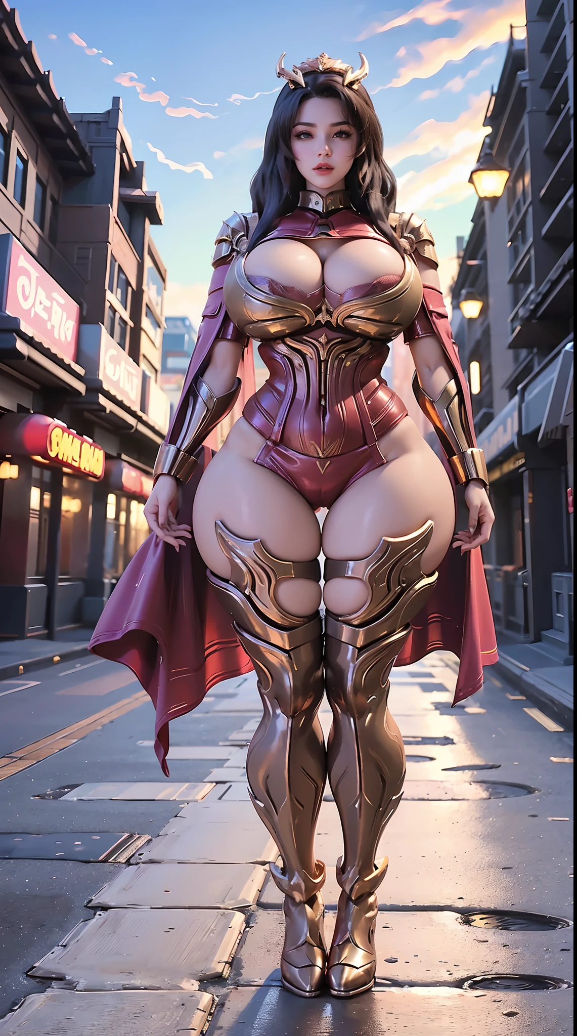 1GIRL, SOLO, (DRAGON QUEEN HELM), (HUGE FAKE BOOBS:1.3), (RED, GOLD), (STREET CITY BACKGROUND), (FUTURISTIC PHOENIX MECHA BODYSUIT, ROYAL CAPE, CLEAVAGE:1.2), (SKINTIGHT YOGA PANTS, HIGH HEELS:1.2), (BUSTY CURVY BODY, LONG LEGS, FULL BODY VIEW:1.5), (LOOKING AT VIEWER), (WALKING DOWN:1.2), MUSCLE ABS:1.3, ULTRA HIGHT DEFINITION, 8K, 1080P.