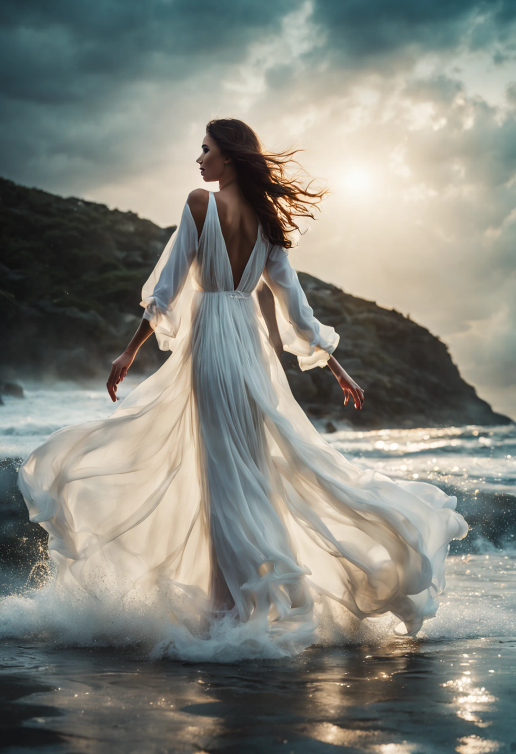 Beautiful woman in white dress standing in sea water with flowing dress, pale skinned, deusa, pegue a chave, de colar de diamante, Pearls in water, a noite, starly sky, sky with galaxy, ......lua, Como uma deusa, walking on water, mulher iluminada, blue water, wearing a white flowing dress, white flowing dress, she is floating in the air, flowing white robes, tiptoeing, Flowing dress, lindo vestido branco longo longo, Wearing a flowing dress, flutuando no ar, vestido branco longo, Pose flutuante elegante, cabelo flutuando ao vento, Girl in white dress dancing, mistic, Magic, realista, chocante, Escuro, Dramatic, Espiritual, mystery, deusa