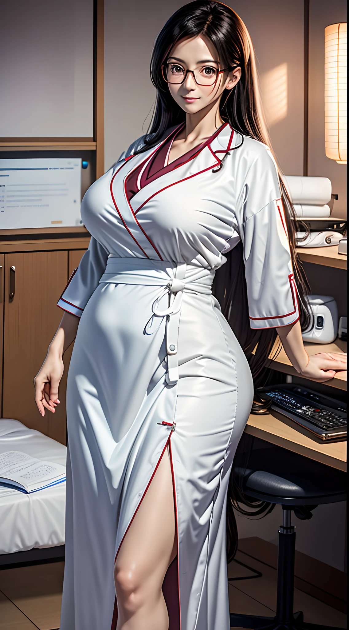 only 1 milf, mature female doctor standing, Japanese, black long hair, very white and nice and smooth skin, wearing white female doctor Doctor's gown, wearing white female doctor Doctor's uniform, age of 38, perfect curve of female body, a little bit chubby, huge breast and huge buttocks, nice curve of woman, interior, random poses, very attractive, background is in a treatment room of a clinic with patient's bed and female doctor's working table and notebook computer, wearing glasses