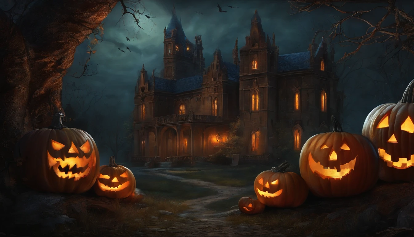 Spooky fantasmas, calabazas y calaberas, Estilo pintura arte, Dark Gothic style.